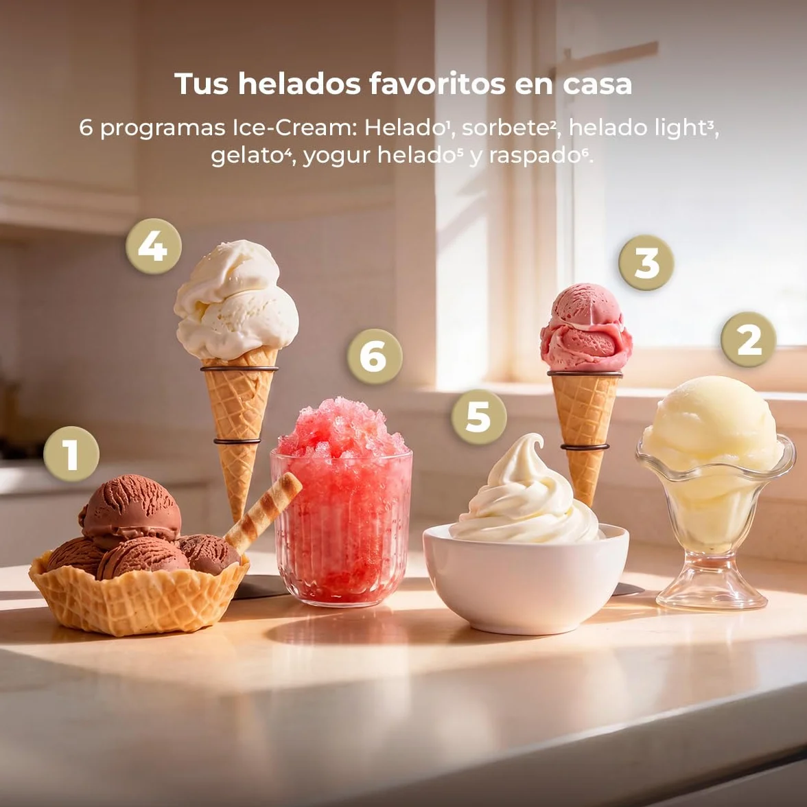 Cecotec Heladera Multifunción Capacidad 2,1L, 3 Tarrinas, Gelatec 2100. 500W, 11 Programas de Helado y Bebidas Granizadas, Tecnología CreamOn y Re-spin, Pantalla Táctil, Incluye Recetario Digital