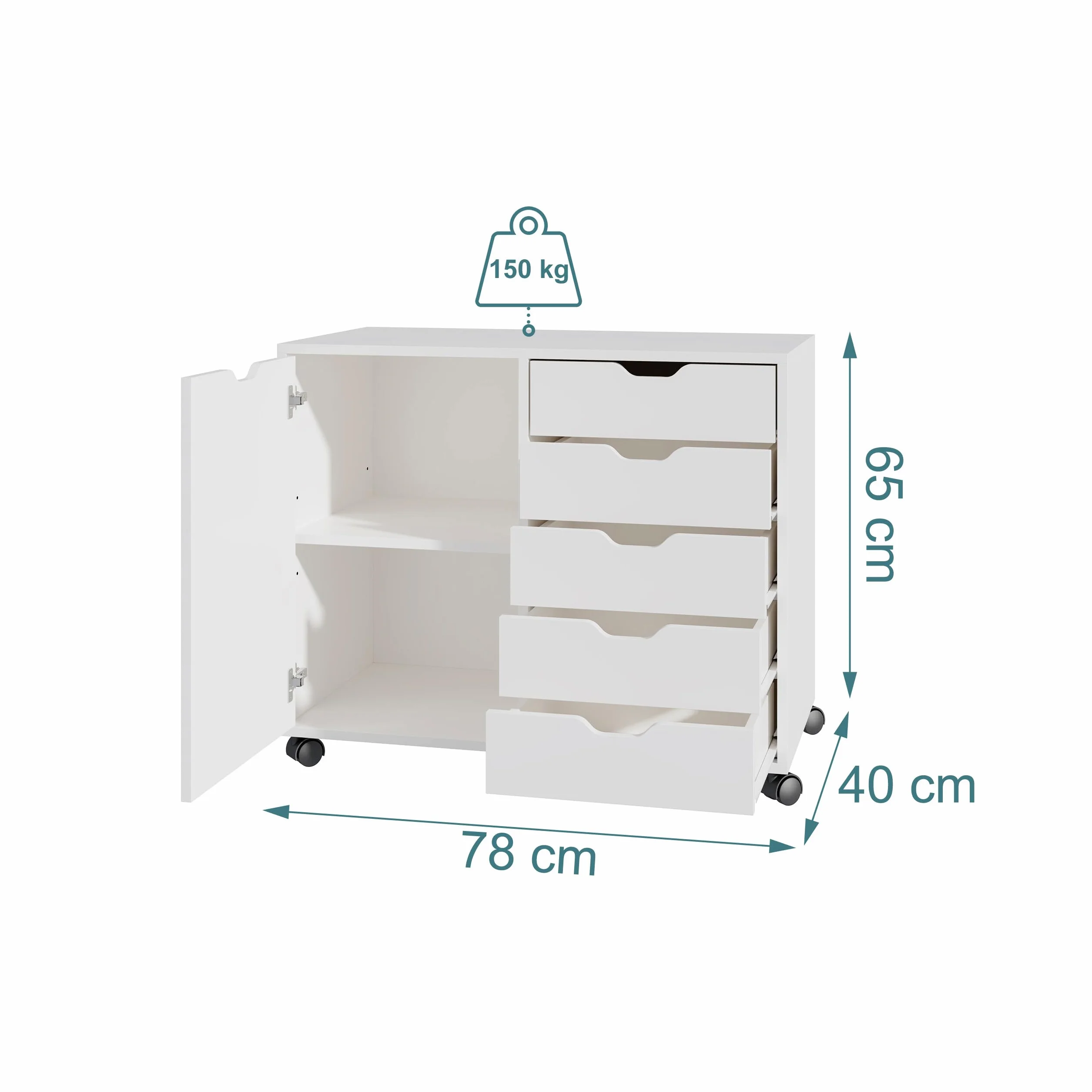 Contenedor con Ruedas Relaxdays, 5 cajones y 2 estantes, HBT: 65 x 78 x 40 cm, archivador móvil, Oficina, Blanco