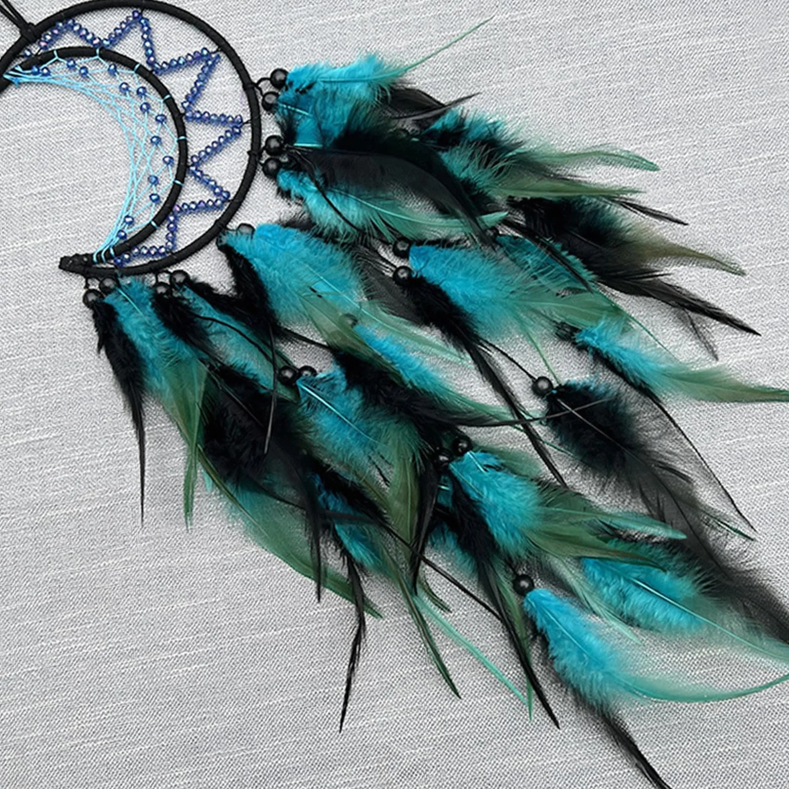 Atrapasueños de Luna para Colgar en la Pared del Dormitorio,diseño de Plumas Negras y Azules,decoración del hogar,Adornos para Colgar en la Pared del hogar,Regalo para Adultos,niños(Azul y Negro)