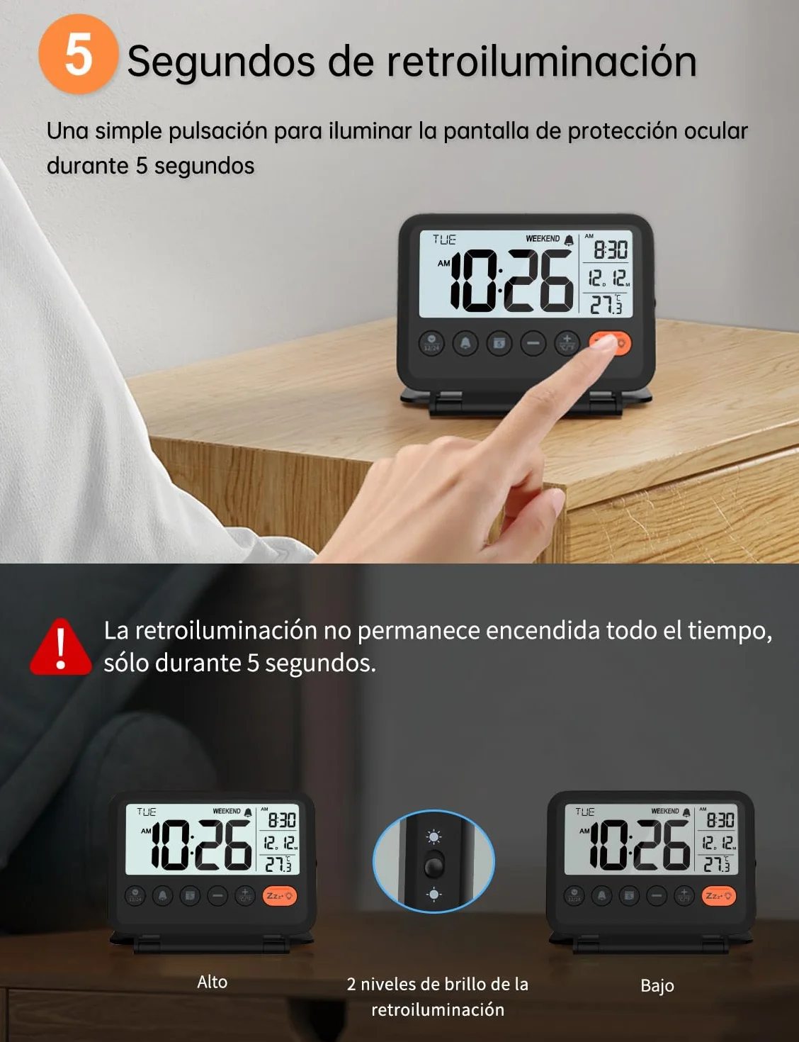 Reloj Despertador Digital de Viaje LCD con Fecha, Temperatura, 12/24H, 2 Volúmenes, Plegable