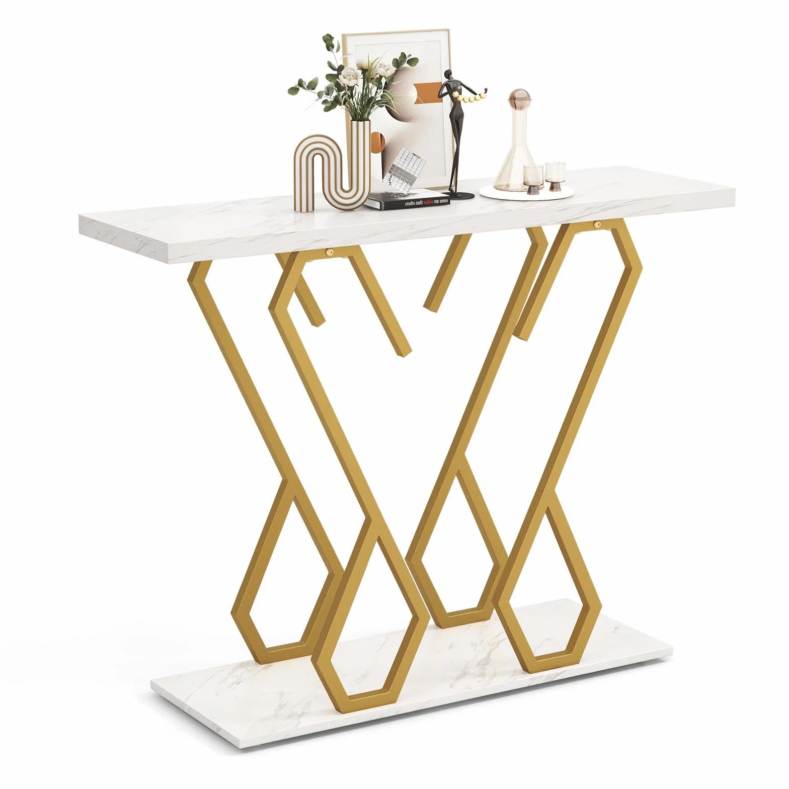 LIFEZEAL Consola de 2 Niveles, Mesa Auxiliar de Entrada con Tablero de mármol, Mesa de recibidor con Marco de Mariposa, Mesa Decorativa Estrecha para salón y Pasillo, 100 x 30 x 79 cm