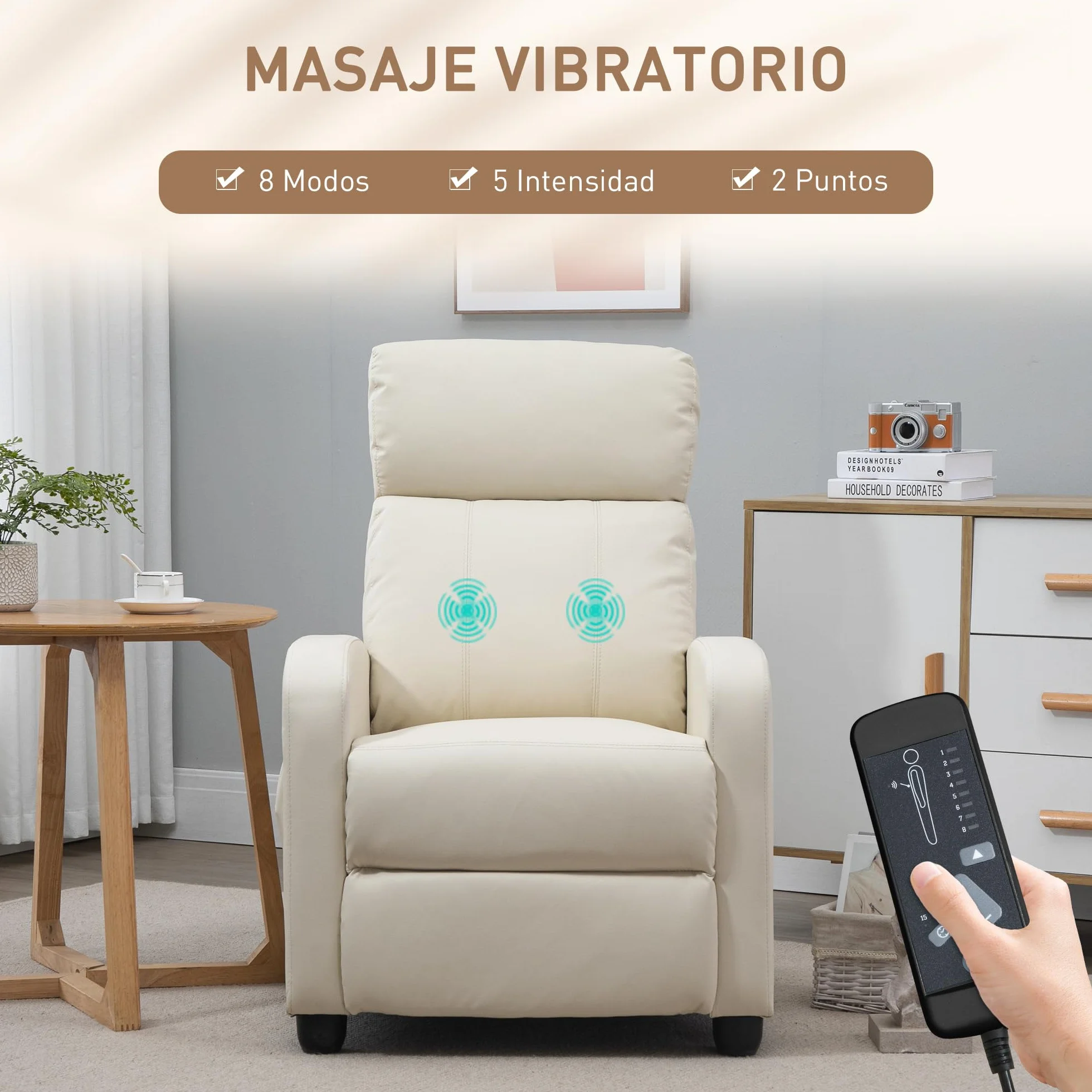 HOMCOM Sillón de Masaje Reclinable con Mando a Distancia 2 Zonas 8 Programas 5 Niveles Intensidad 68x88x98 cm Crema