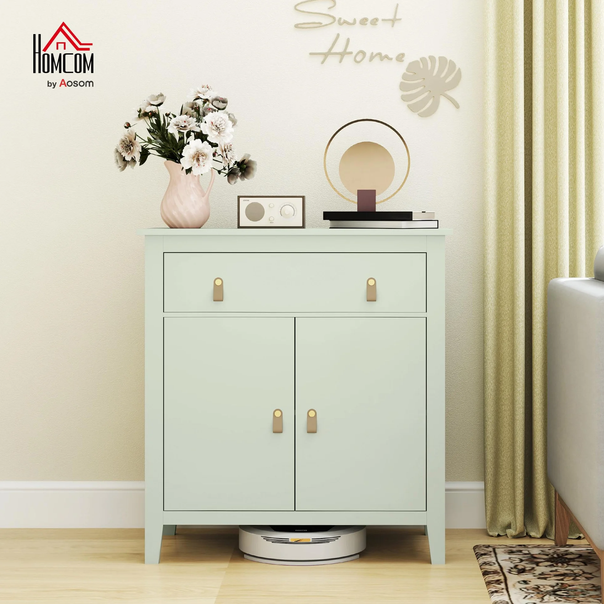 HOMCOM Aparador de salón, Mueble de almacenaje con cajón, Puerta Doble, Estante Regulable, Tiradores de PU, Estilo Moderno, aparador de Comedor y Cocina, 80 x 40 x 90 cm, Verde Claro