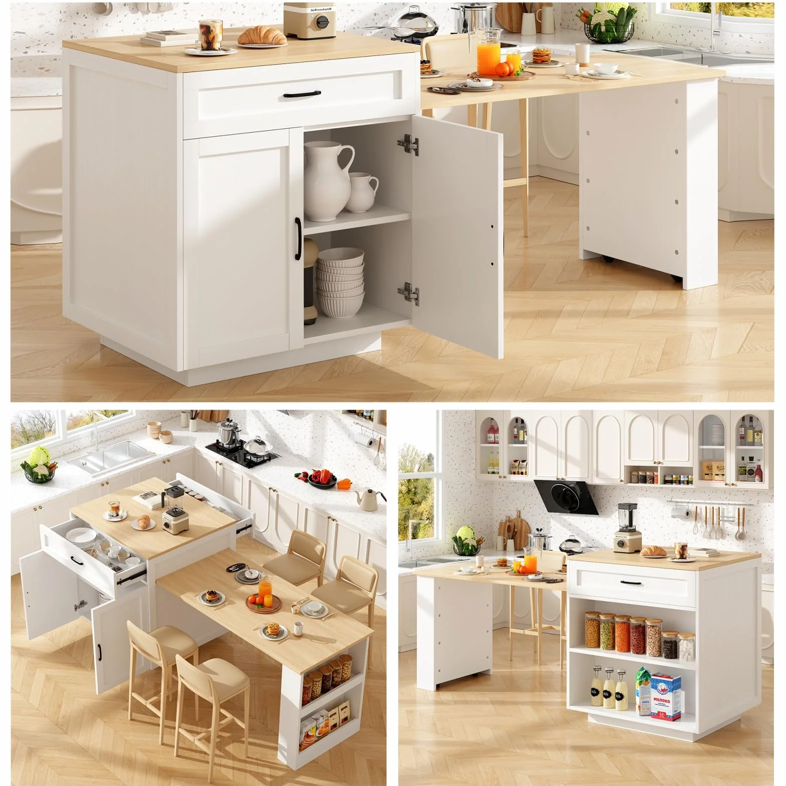 YEHTOKHOME Isla Central Cocina con ruedas y almacenamiento, mesa de comedor extensible 133-202 cm, aparador cocina con 2 cajones, estantes laterales, mesa de bar (blanco-2)