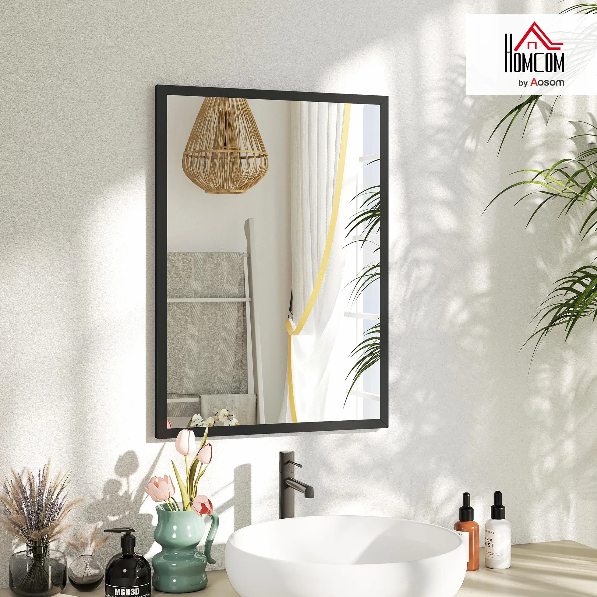 HOMCOM Espejo de Pared, 70x50 cm, Espejo de Baño Rectangular, Decorativo para Salón, Entrada, Pasillo, Horizontal o Vertical, Negro