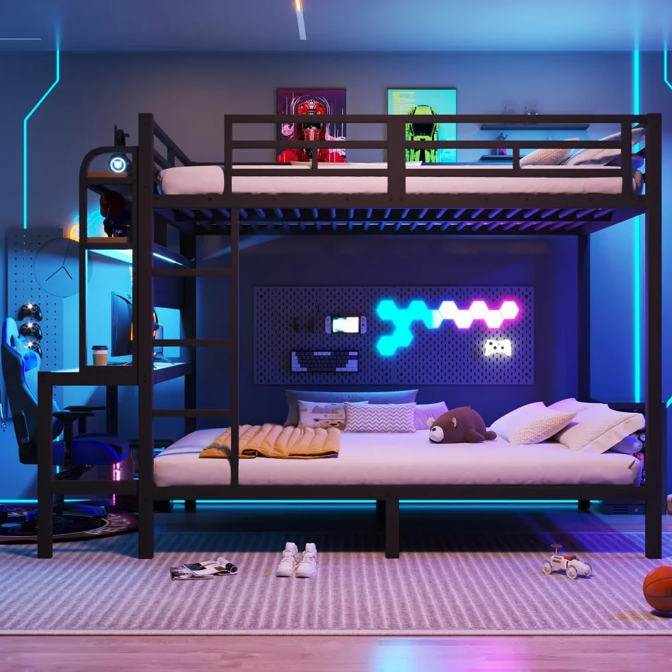 Lubvtti Litera de hierro para niños, 140 x 200 cm, con tira de luz LED, puerto USB, escritorio, compartimento de almacenamiento, cama infantil, estructura de cama de matrimonio (negro)