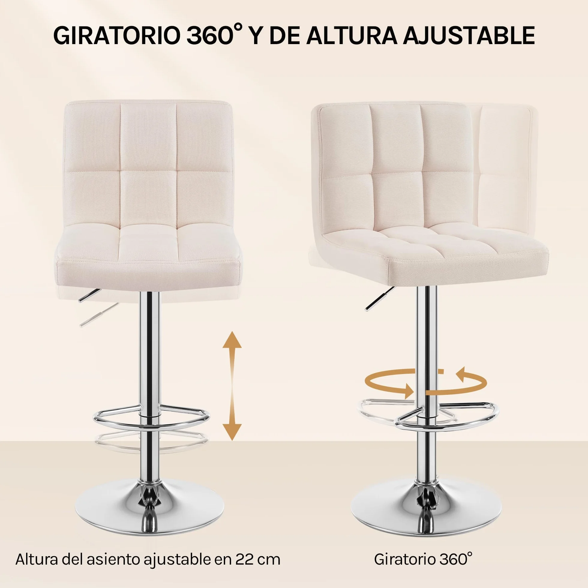 WOLTU 2X Taburete de Bar Silla de Bar Lino Muebles Cocina Taburete Alto Regulable en Altura con Respaldo Sillas Alta Taburetes Tapizado Crema
