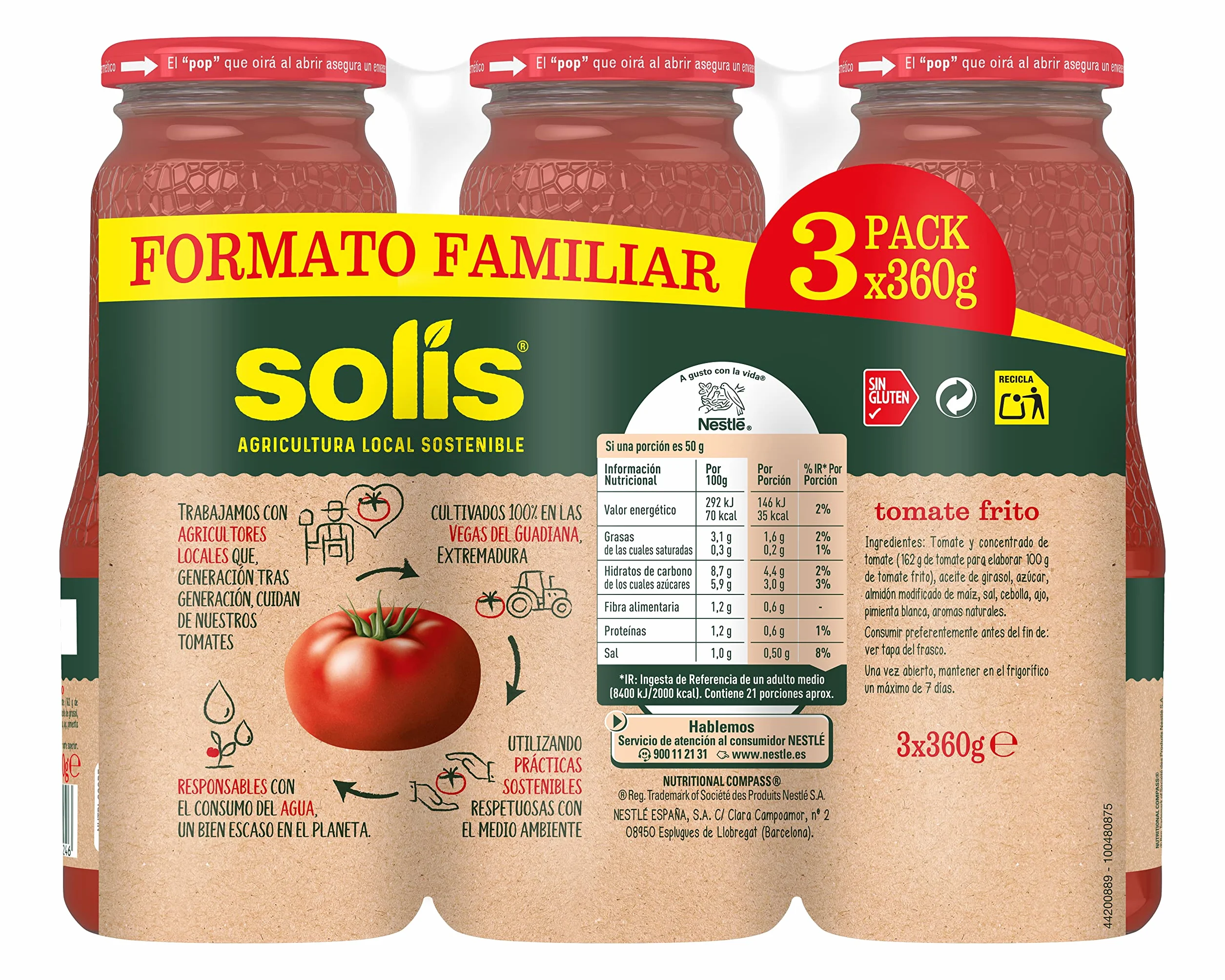 SOLÍS Tomate Frito Clásico Tripack 3 x 360g Frasco Cristal Sin Gluten