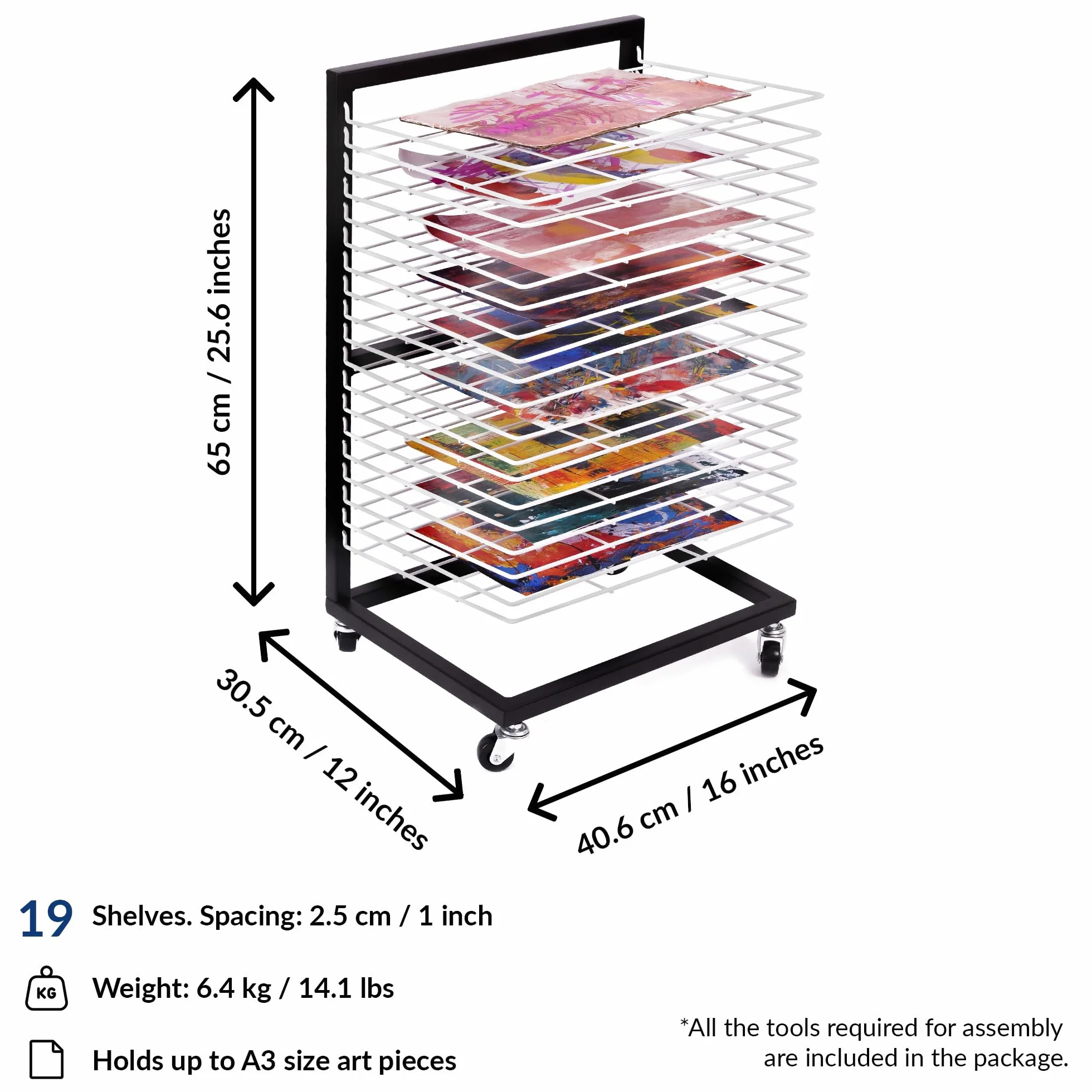 ODOXIA Estante De Secado De Arte Pequeño para Aulas | Estante de Secado de Pintura Portátil y Funcional | 19 Bandejas Extraíbles | Soporte para Lienzos | con Ruedas Art Drying Rack White (Small)
