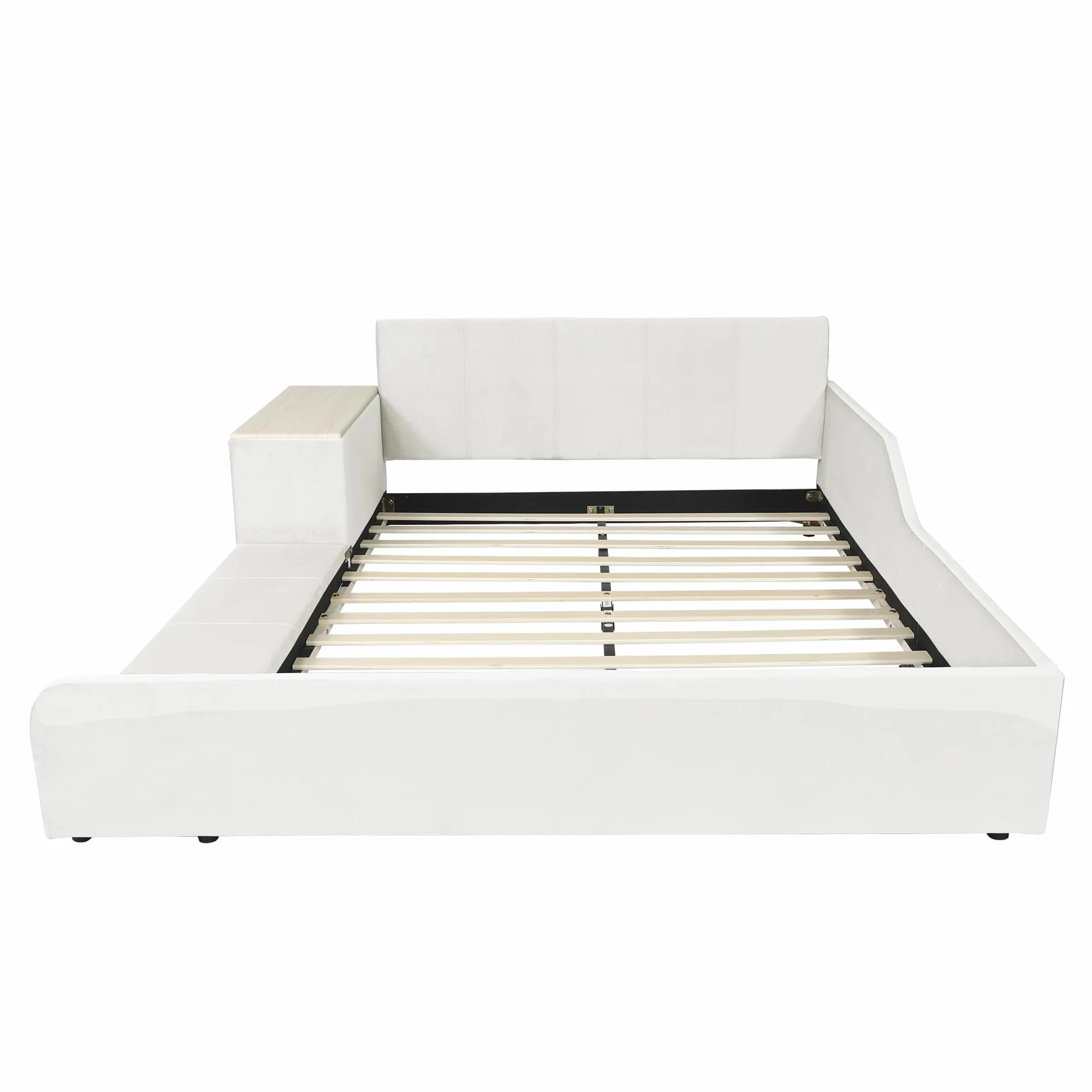 Cama tapizada con escritorio infantil y taburete, con estante, cabecero suave, cama infantil con listones de madera, terciopelo, blanco, 140 x 200 cm
