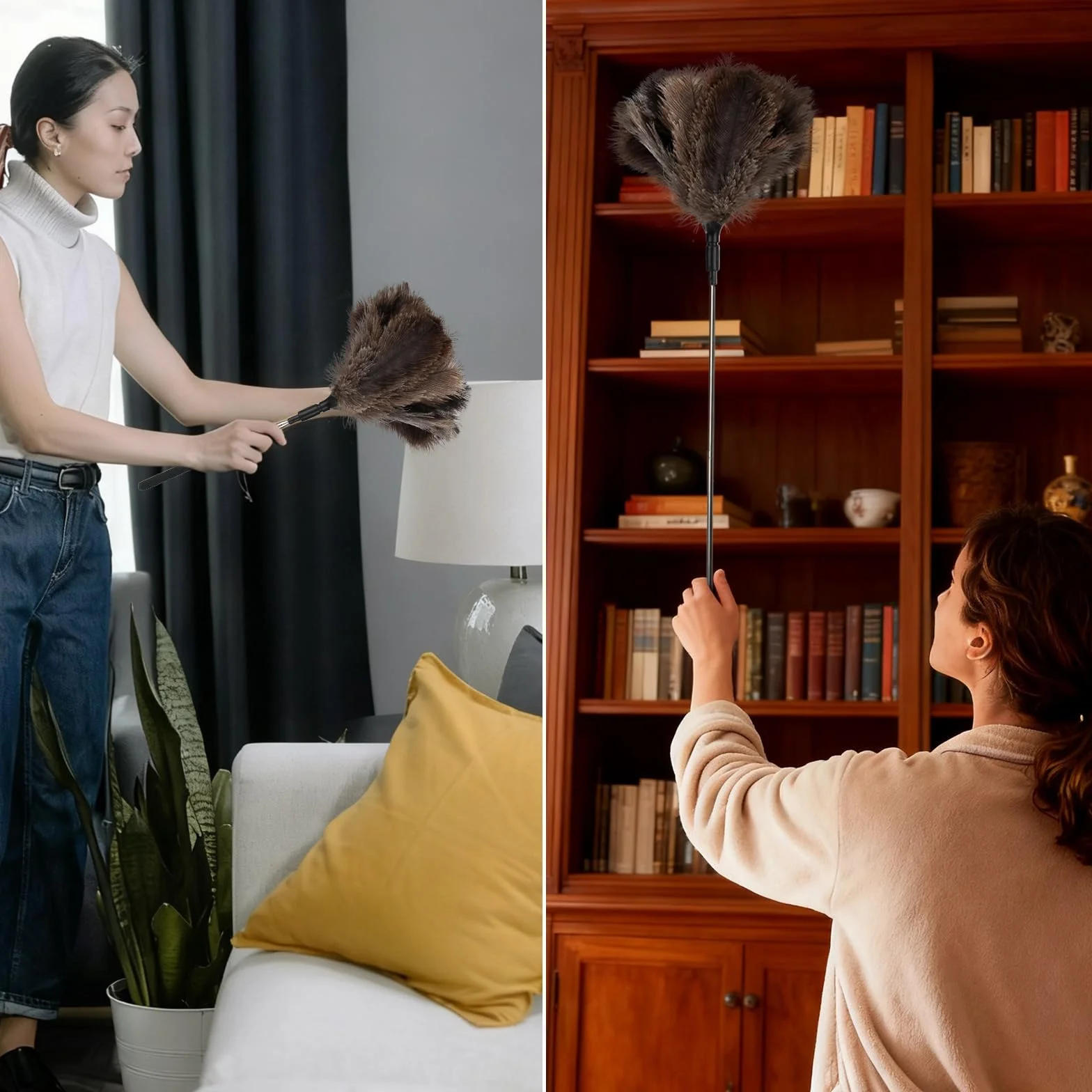 Plumero Atrapapolvo de Plumas de Avestruz - 18-120cm Plumero Telescopico Extensible, Plumeros Avestruz Lavable y Antiestático para Polvo, Telas de Araña, Techos, Muebles, Ventiladores, Coche