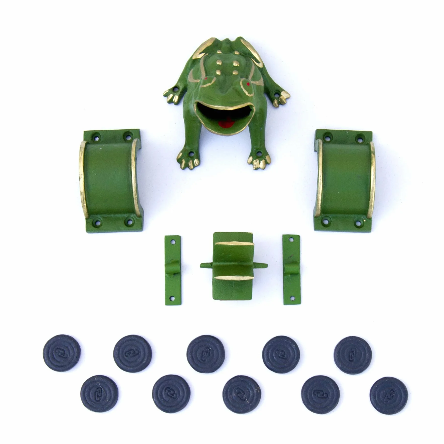 Juego de la Rana "Completo" de hierro fundido: 1 Rana, 2 Puentes, 1 Molino, 2 Sujeciones y 10 Fichas.