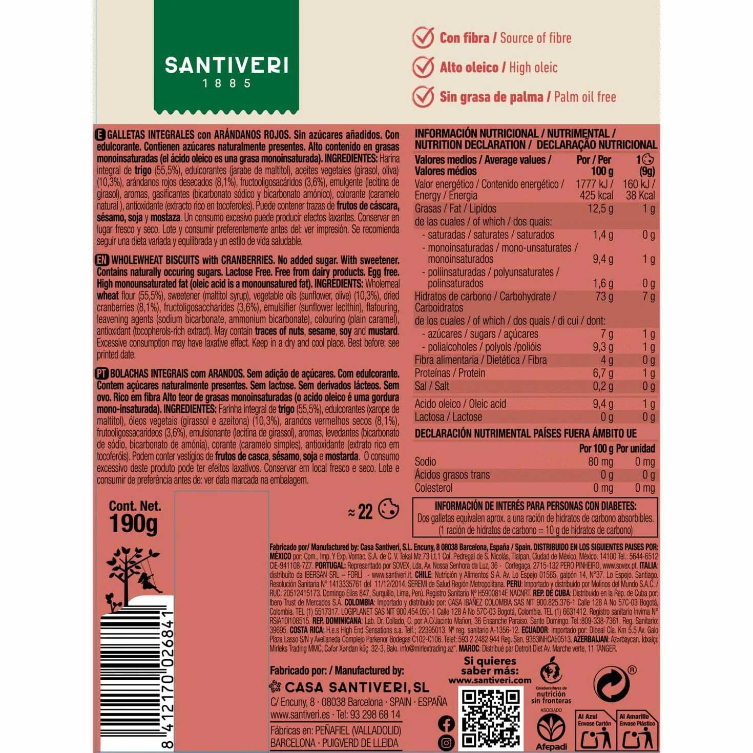 SANTIVERI Galletas Integrales Arándanos 0% Azúcares Añadidos Fibra Vegano 190 g