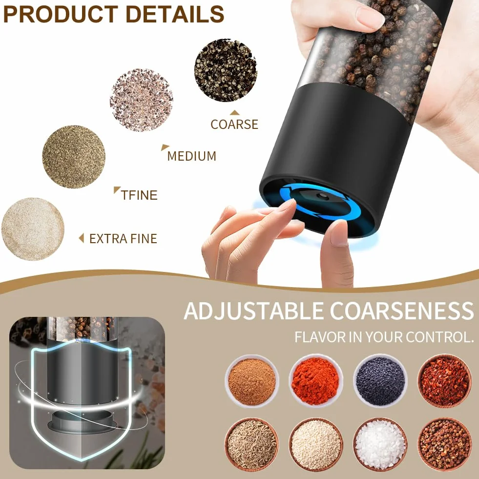 AXFEE Molinillo de Pimienta Eléctrico Recargable USB Tipo-C, 70 ml para la Cocina, Ajuste de Grueso, Funcionamiento con Una Mano, Molido Automático por Gravedad, para Cocina y Barbacoa(1 Unidade)