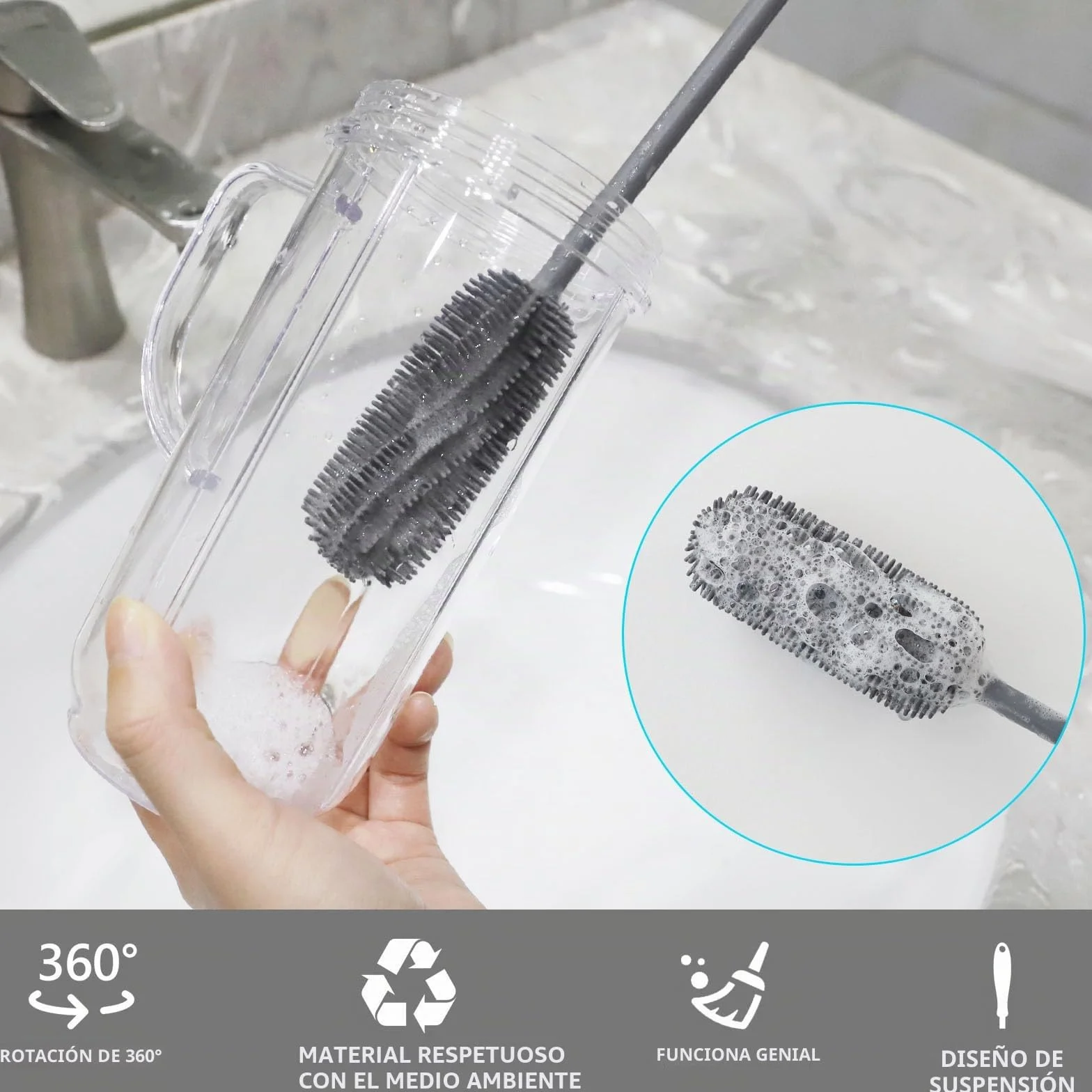 Cepillo de Limpieza de Botellas de Silicona con Mango Largo, Limpiador de Botellas de Agua de 39,5 Cm para Biberones, Frascos HidráUlicos, Botellas Deportivas, Jarrones, Cristalería