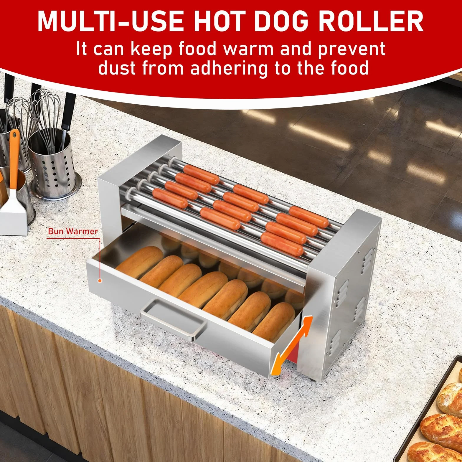 CROSSON Maquina Perritos Calientes 7 Rollos con Calentador de pan,Hot Dog Maquina Comercial de Acero Inoxidable con Control de Temperatura,1050W