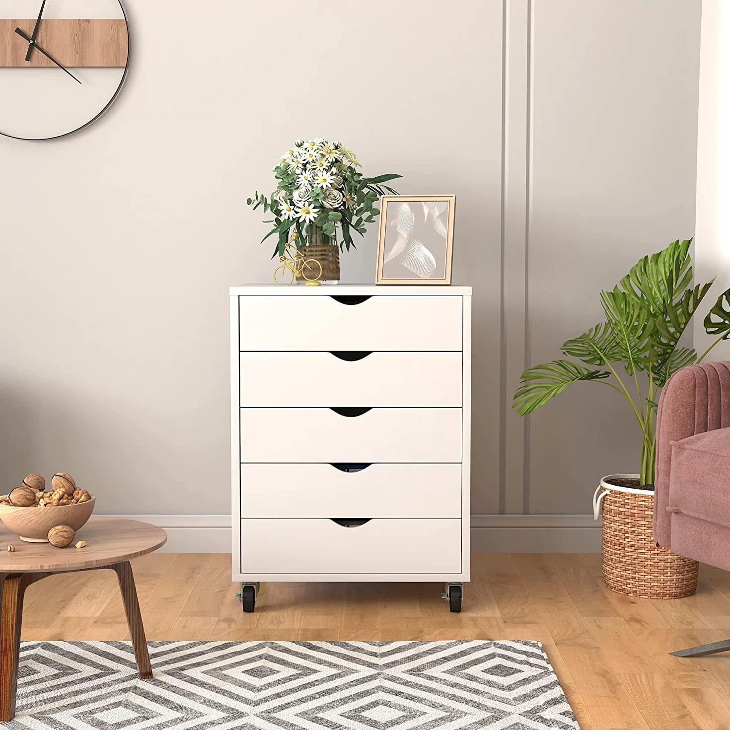 YITAHOME Archivador móvil de 5 cajones, archivador de madera para tamaño A4, documento de tamaño carta, gabinete de almacenamiento debajo del escritorio, archivador vertical portátil, blanco