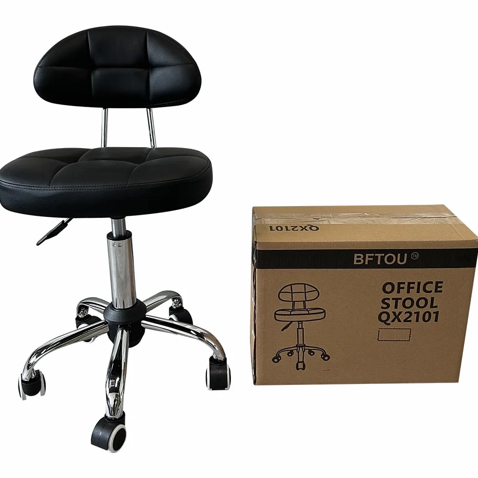 BFTOU Taburete giratorio cuadrado con ruedas ajustable silla respaldo blanco