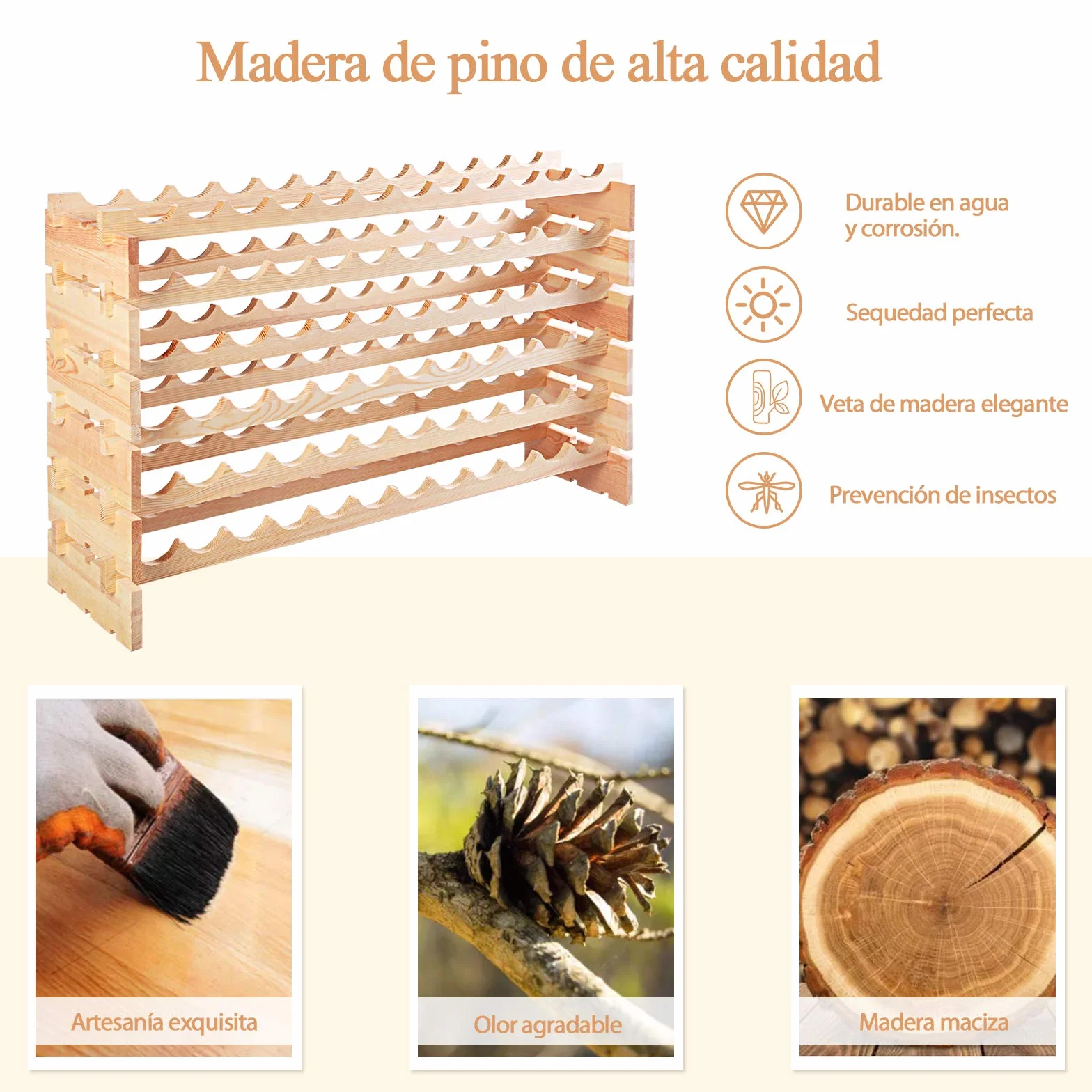 COSTWAY Botellero Vino de 6 Niveles, Botellero Apilable para 72 Botellas de Madera de Pino, Soporte para Botellas de Vino con 6 Opciones de Altura, Carca máx 90kg, para Cocina y Bar, 119 x 29 x 72 cm