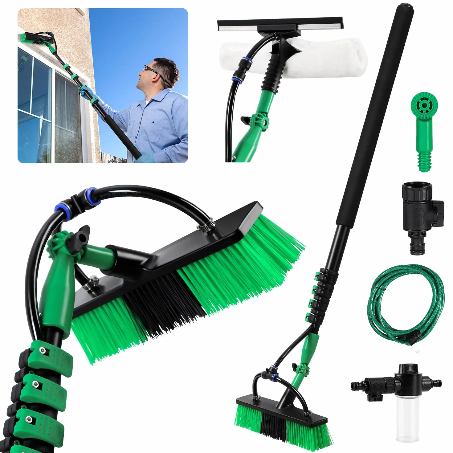 Eulenke Cepillo telescópico de 3,6 m con conexión de agua, cepillo de lavado telescópico, cepillo de lavado con mango telescópico de aluminio, techo de terraza limpio, con cerdas suaves, limpieza de