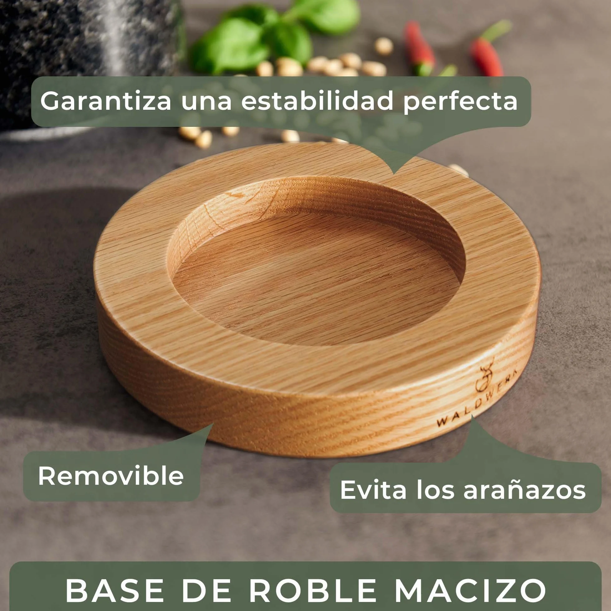 WALDWERK Mortero con Mano (14 cm de diámetro) – Mortero cocina sobre una base elegante y estable de madera de roble – Mortero piedra con mazo extra largo de granito natural