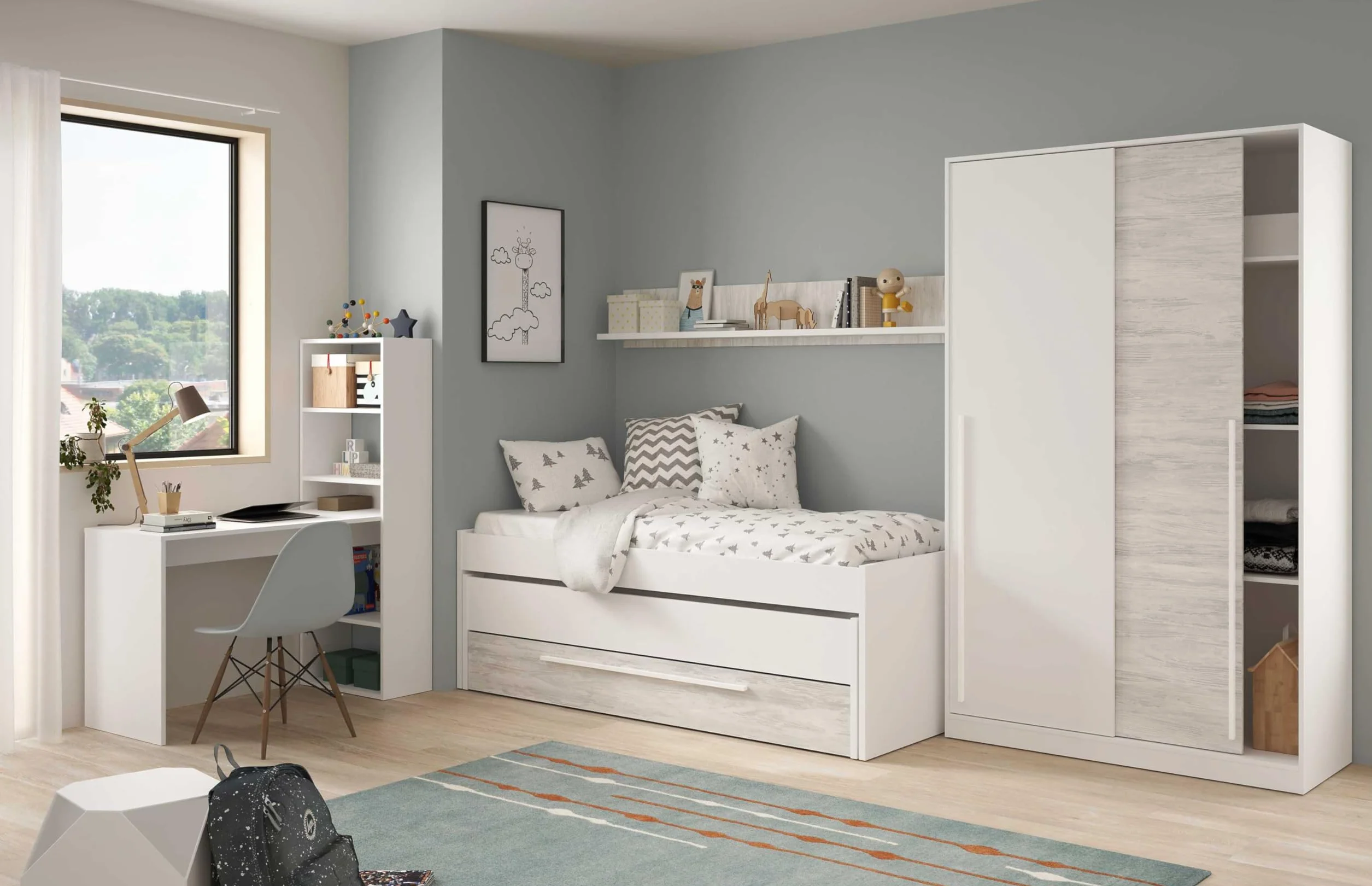 Habitdesign Cama Nido Juvenil 2 Camas Cajon Estante Infantil Blanco 199x96x65 cm
