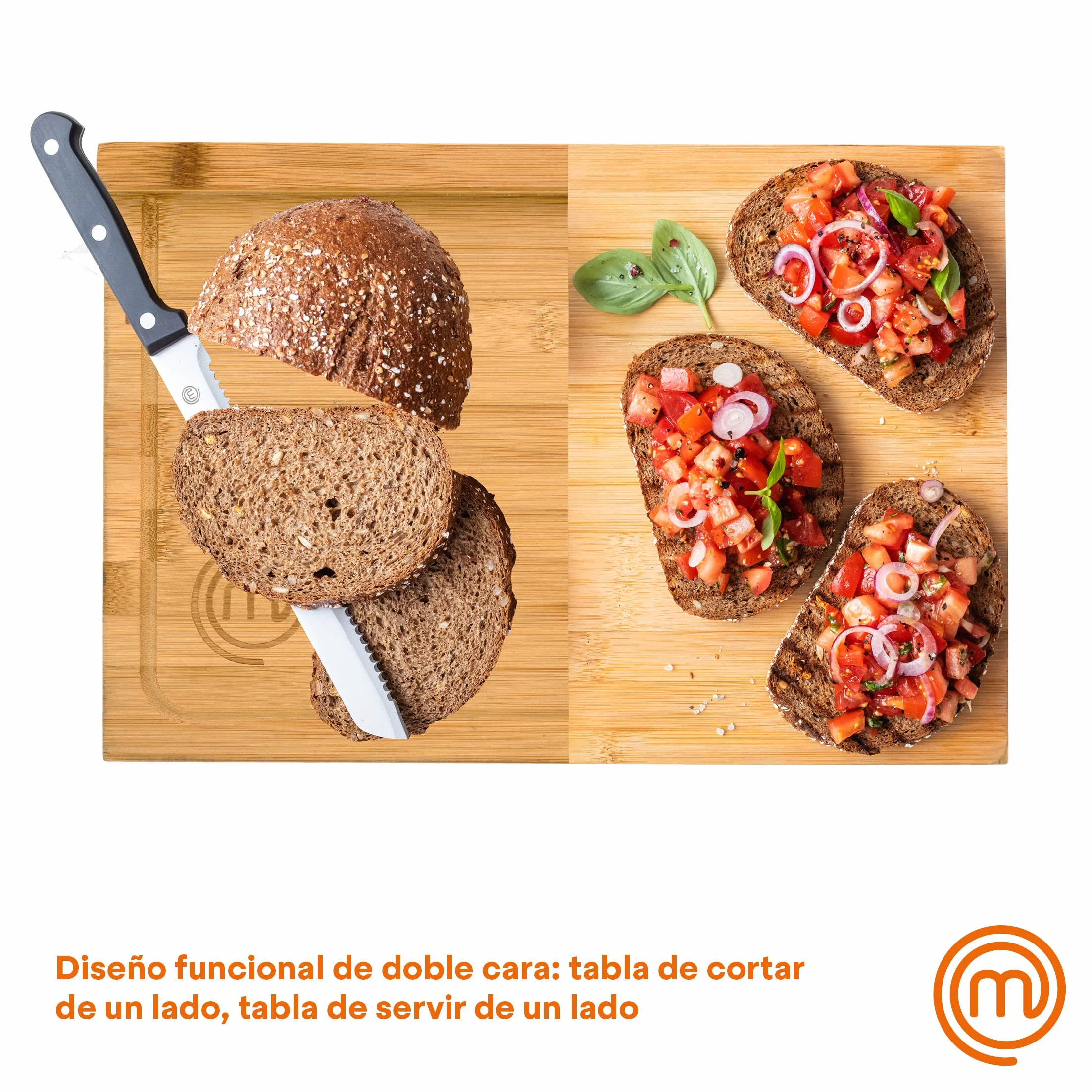 MasterChef Tabla de Cortar Madera Bambú Encimera para Carne Jamón Pan Quesos con Ranura Jugos Natural Sostenible