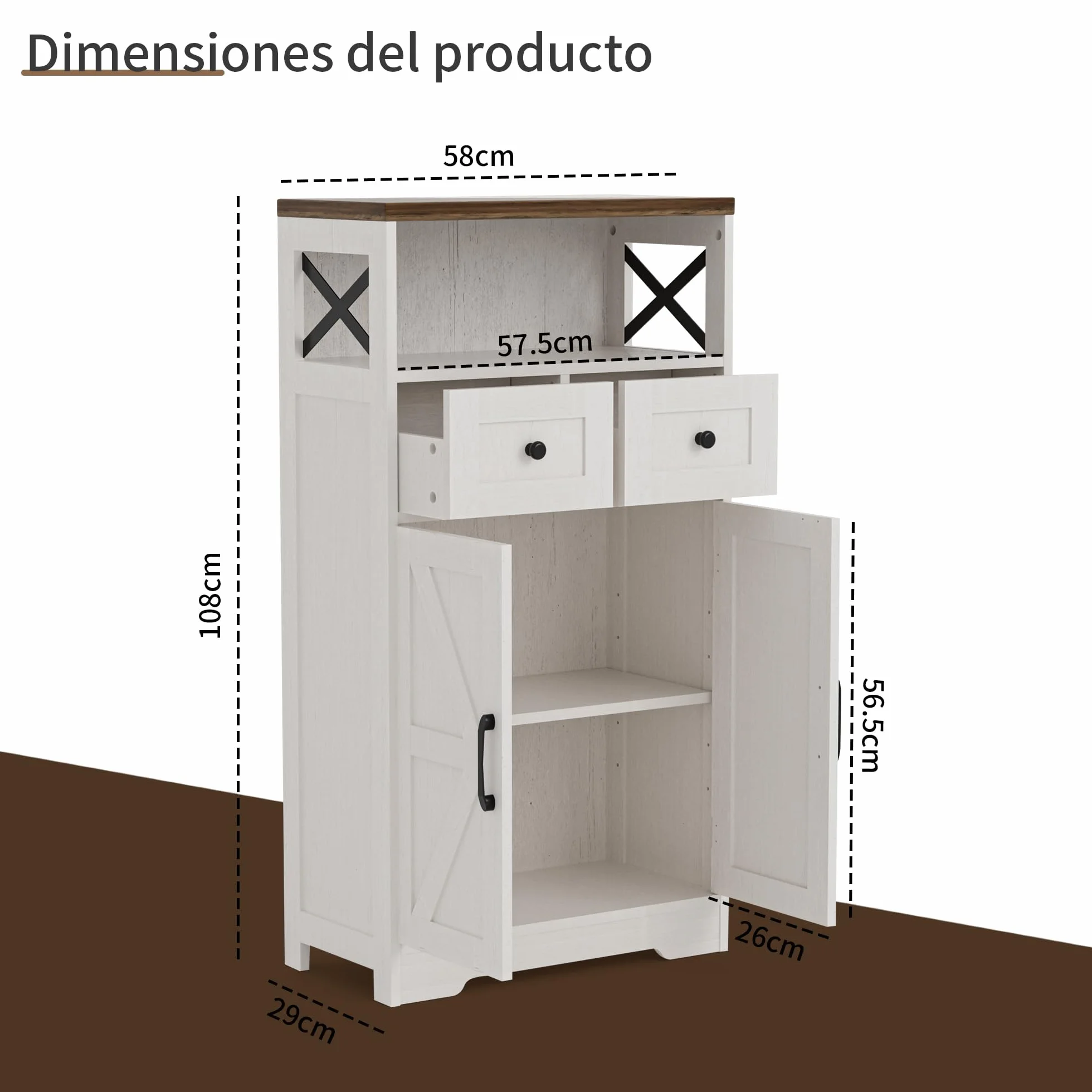 BonVache Aparador, armario de cocina con cajones, armario de almacenamiento, aparador con estante abierto, gabinete de cafetería para cocina, comedor, sala de estar, 58 x 29 x 108 cm, Blanco