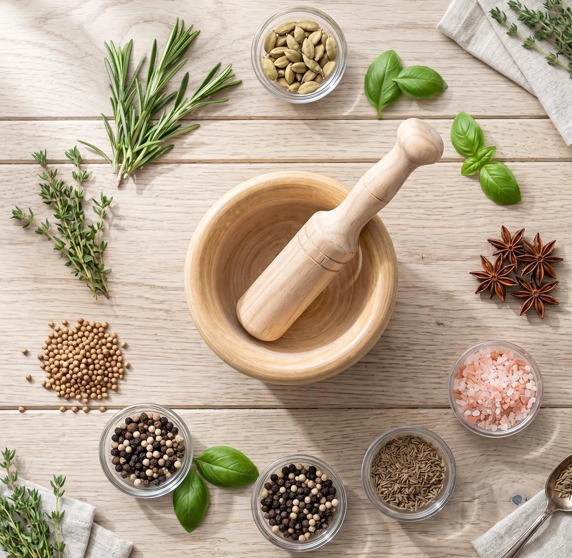 MGE - Juego de Mortero y Mazo - Mortero de Madera - Mortero de Cocina - Mortero de Cocina para Triturar Especias - Molinillo Manual de Ajo, Hierbas - Triturador de Especias - Madera - 14 cm