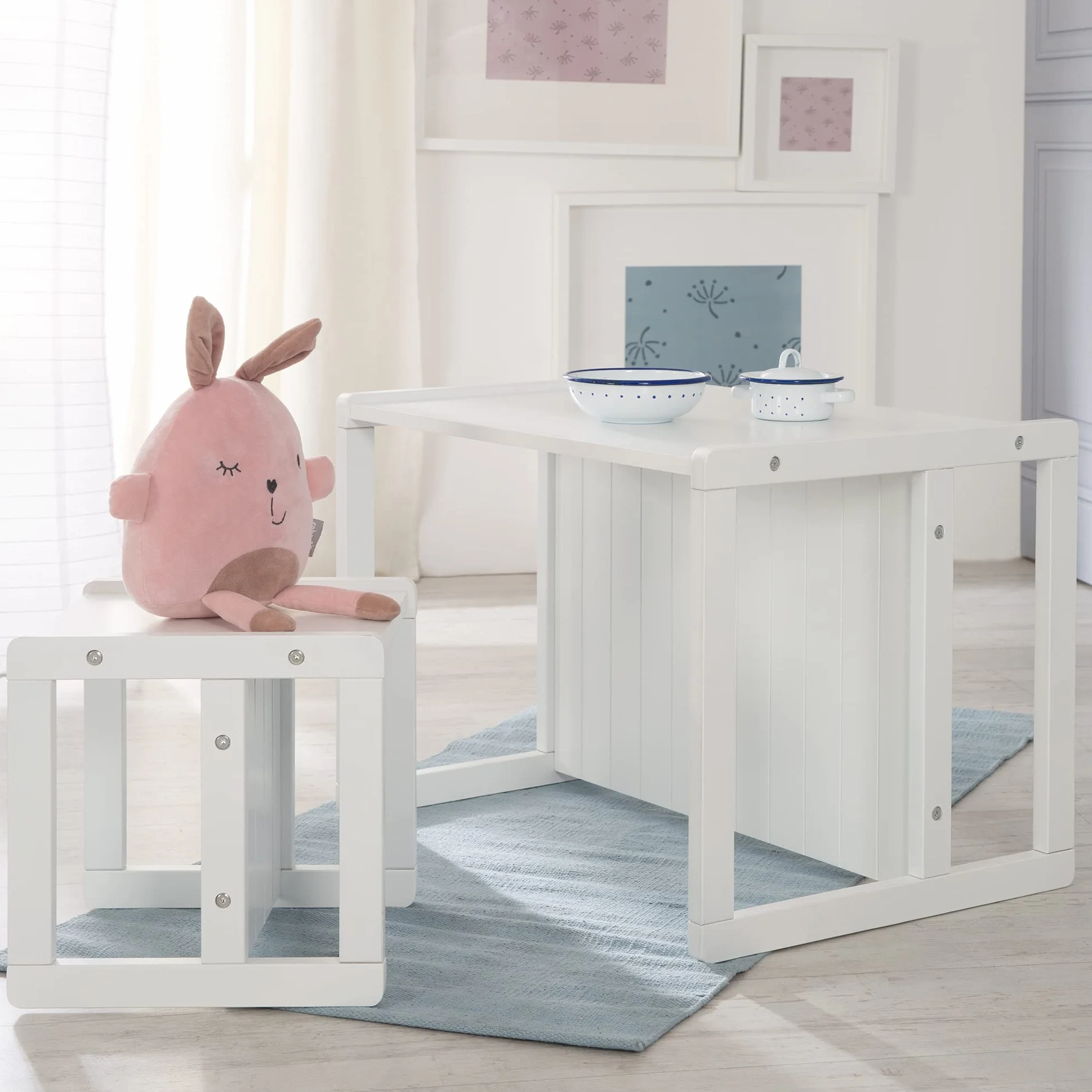 Banco Infantil 2en1 de Madera Ajustable 2 Alturas Asiento Convertible Mesa Escritorio 60 kg Blanco