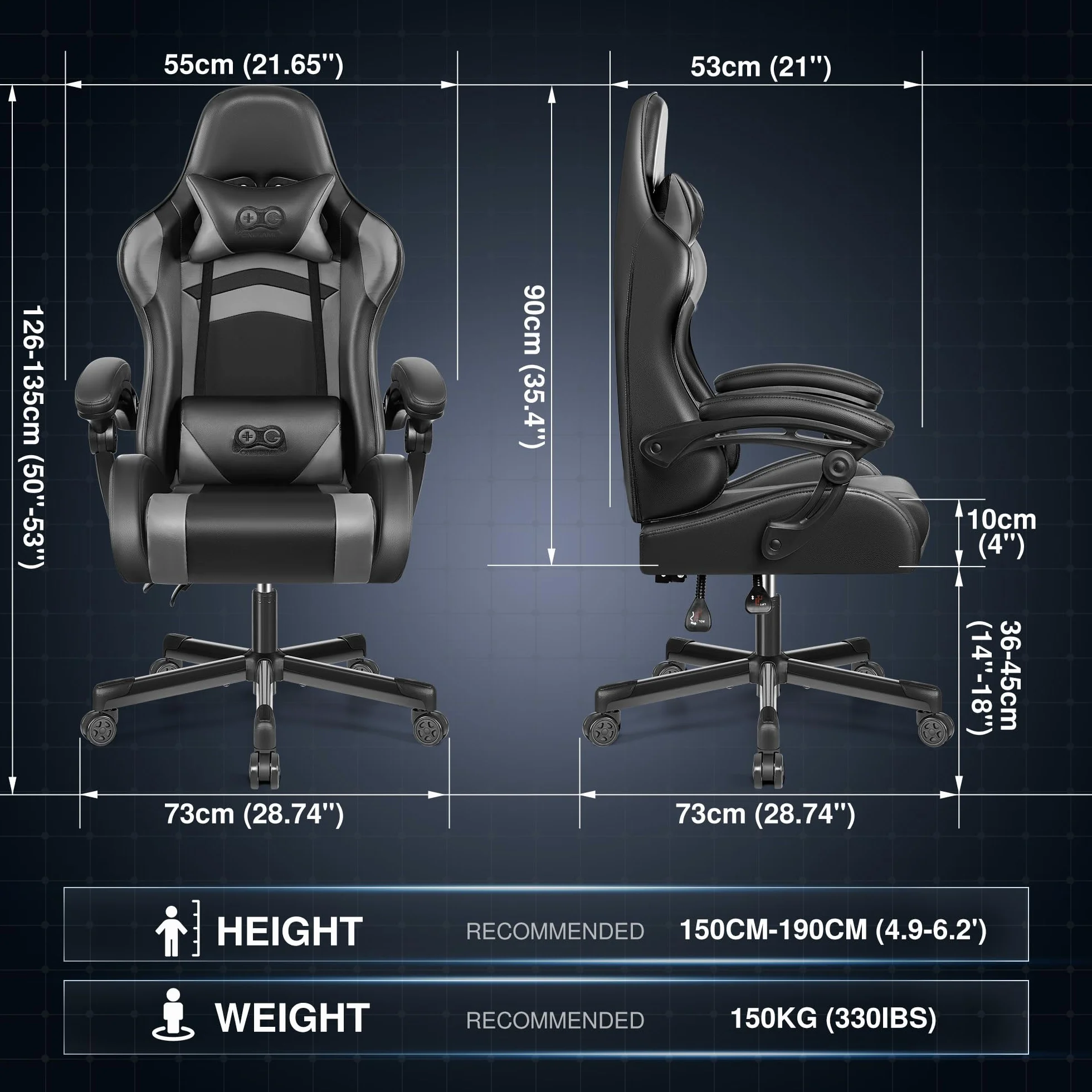 OneGame Silla Gaming, Silla ergonómica Gaming con Respaldo Ajustable Respaldo Alto Silla Gaming rotación 360º para Trabajar y Jugar, Negro Gris