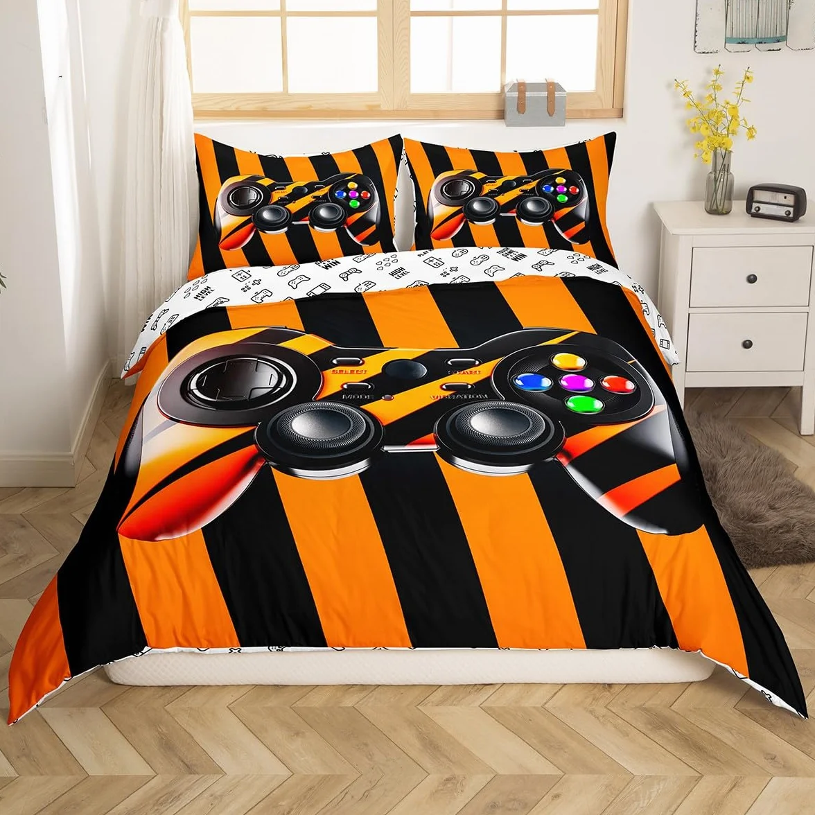 Juego de ropa de cama para niños y niñas, juego de ropa de cama para videojuegos, juego de palanca de mando para videojuegos, funda de edredón naranja con 2 fundas de almohada de 3 piezas, ropa de ca