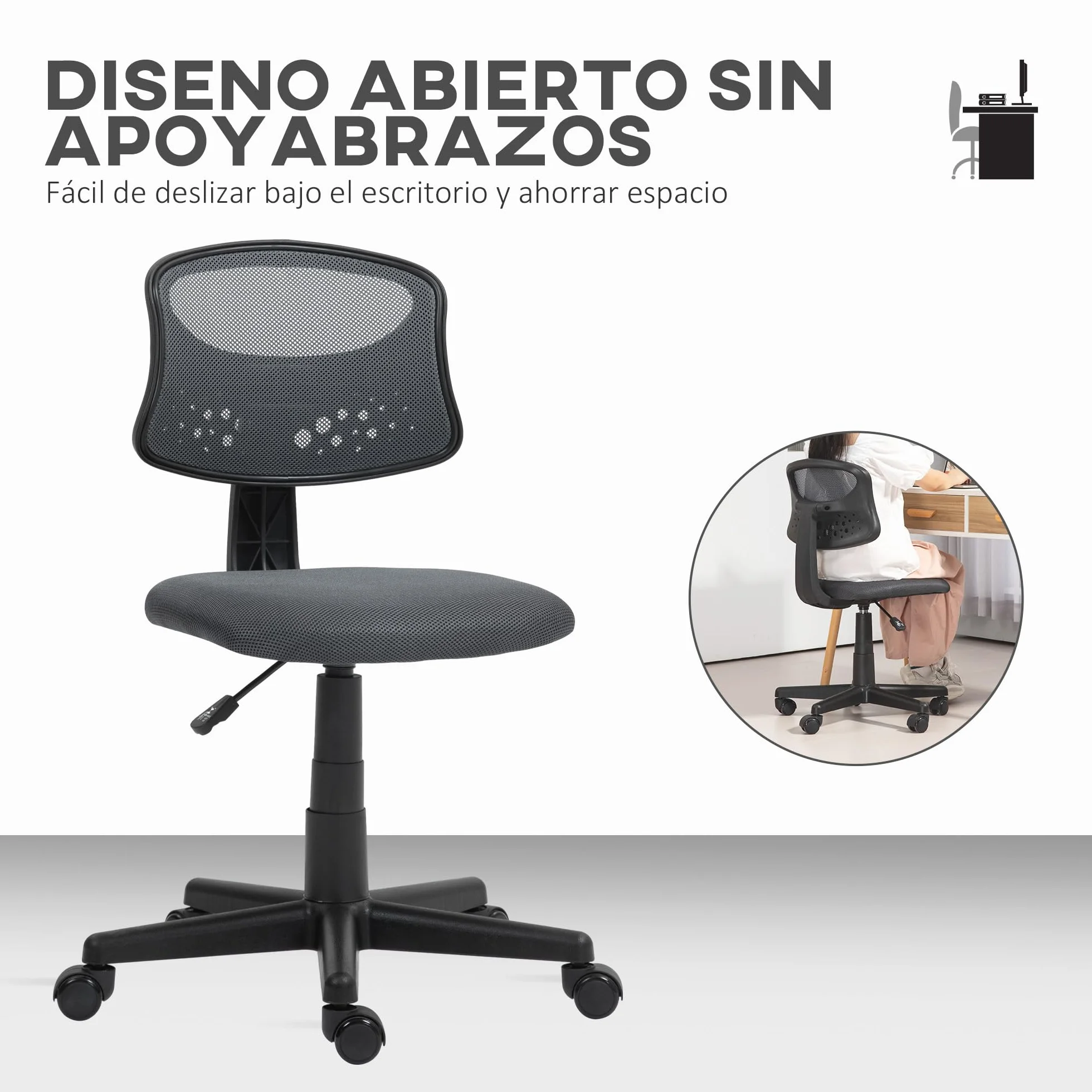 HOMCOM Silla de Oficina Ergonómica sin Brazos Giratoria Respaldo Malla Transpirable Altura Ajustable 120 kg Gris