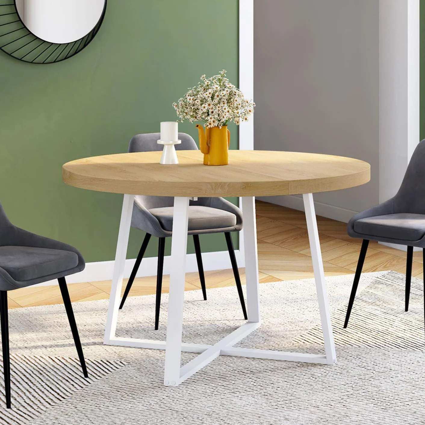 IDMarket Selma – Mesa de comedor extensible redonda para 4-8 personas, madera y blanco, 110-150 cm