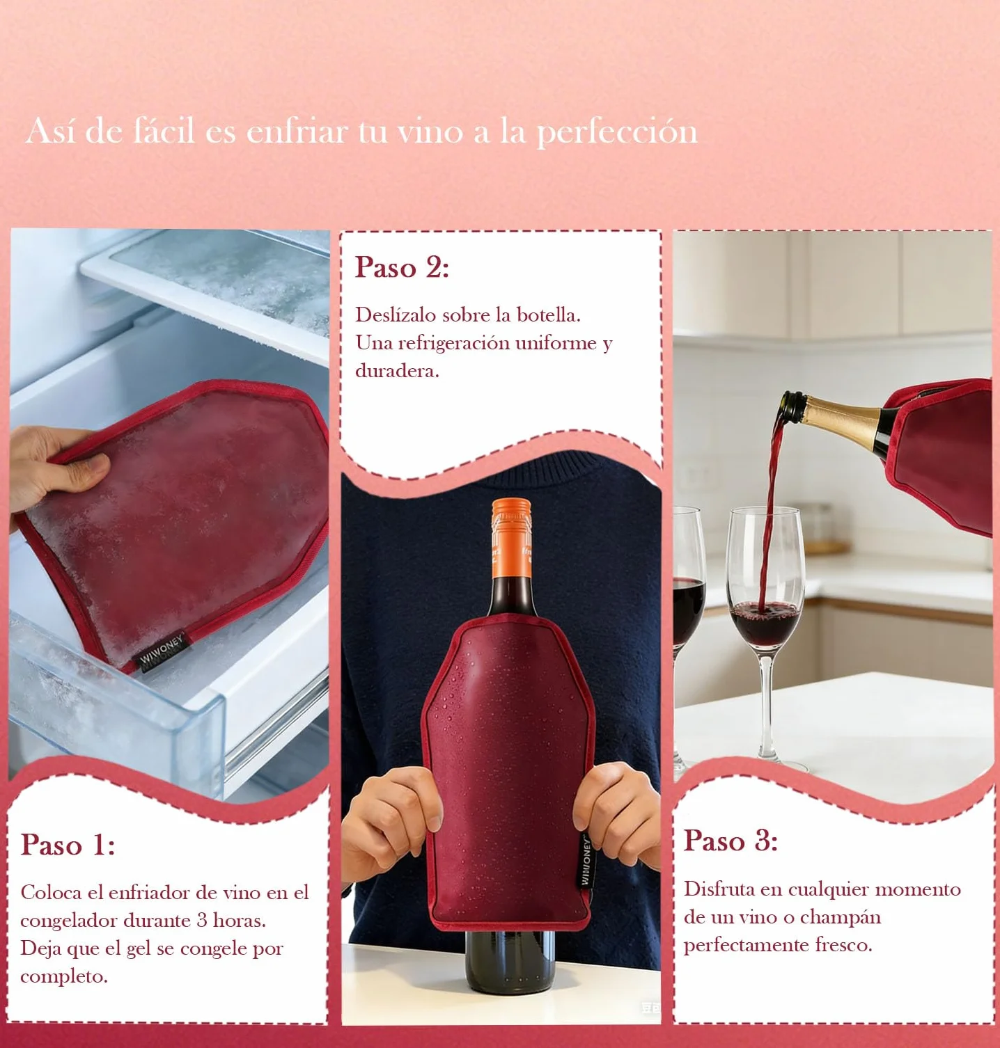 Enfriadora de Botellas de Vino Magnum, Funda Enfriadora de Gel No Congelable, Nailon, Rojo Vino
