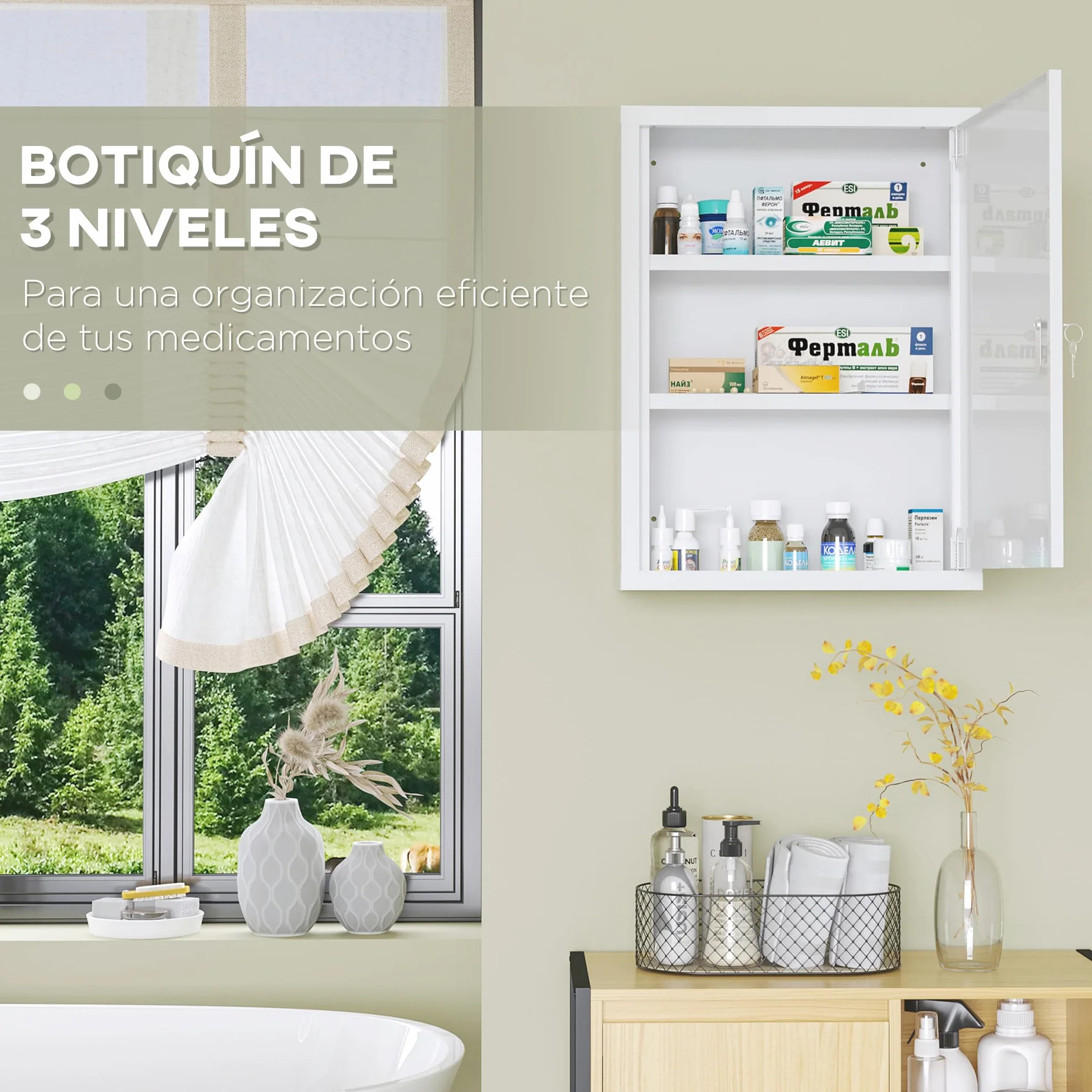 Kleankin Botiquín de Pared de Acero Primeros Auxilios 3 Niveles Armario Baño Cerradura 40x15x53,5 cm Blanco