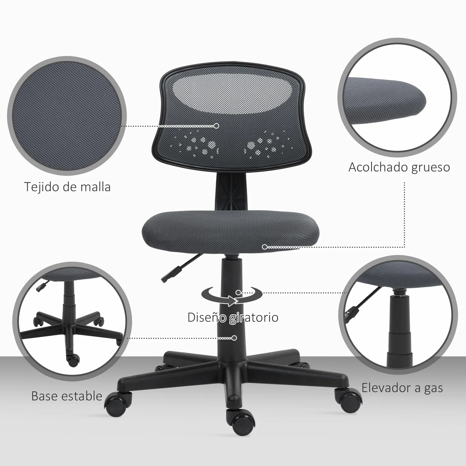 HOMCOM Silla de Oficina Ergonómica sin Brazos Giratoria Respaldo Malla Transpirable Altura Ajustable 120 kg Gris