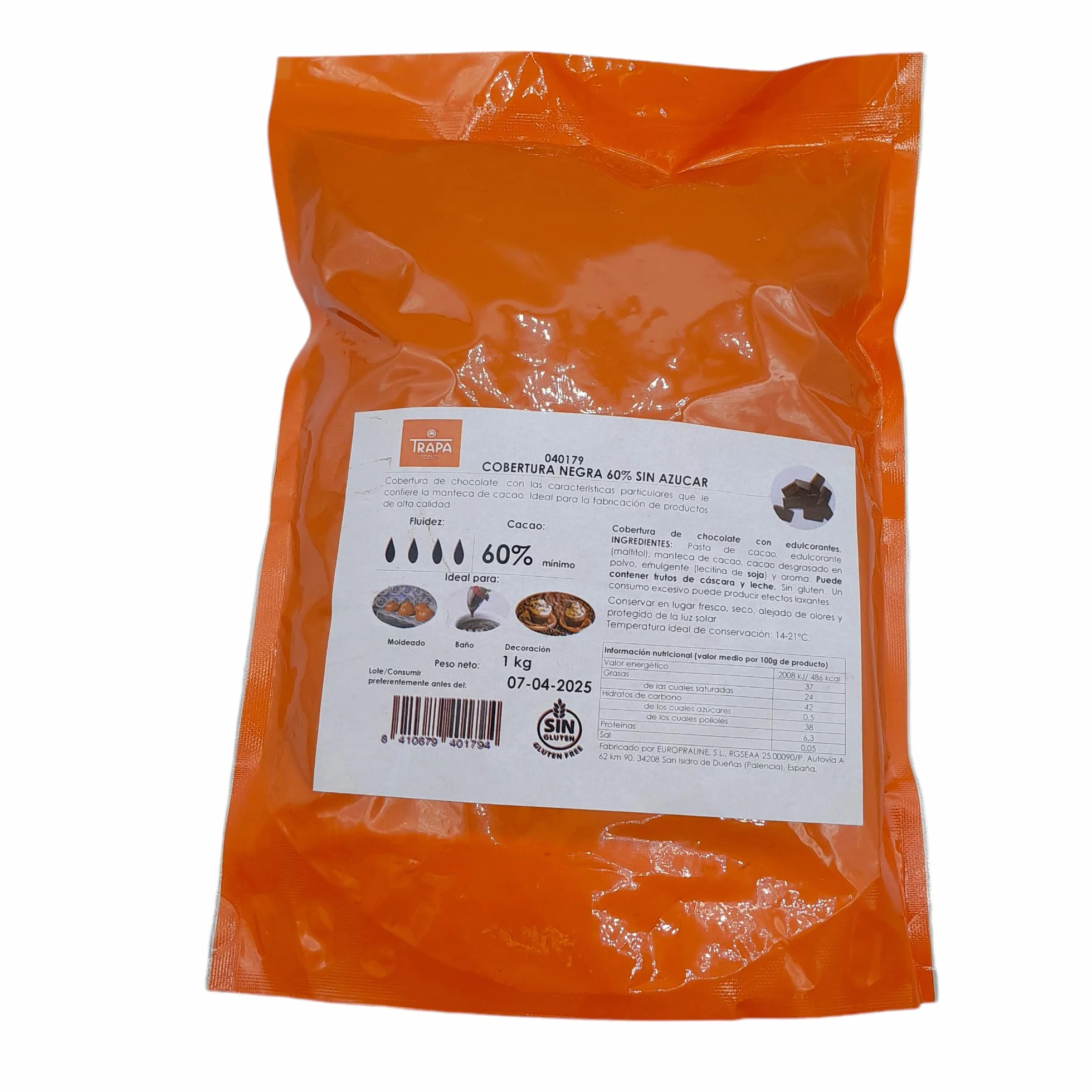 Trapa Cobertura Chocolate Negra Extra Noir 60% Sin Azucar Bolsa Kilo Gotas