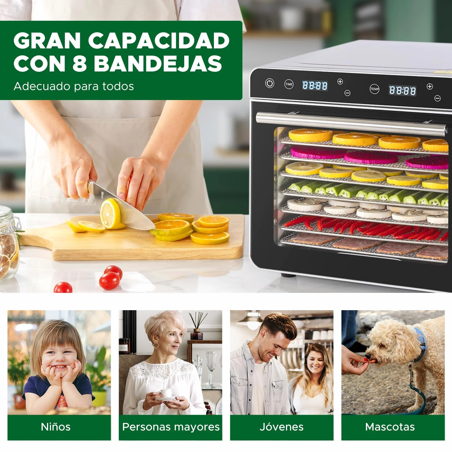 Kwasyo Deshidratador de Alimentos 8 Bandejas Acero Inoxidable 700W Temperatura 30-85℃ Temporizador 24h
