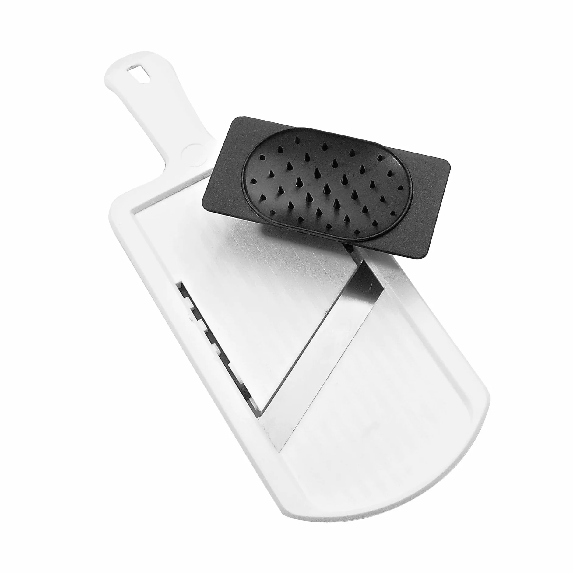 Fackelmann Mandolina de Cocina profesional ajustable para cortar verduras con Protector de Dedos, polímero y acero inoxidable, colores Blanco y Negro, 32x12, 5cm, 1 ud