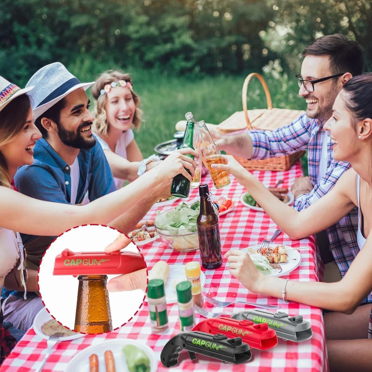 3PCS Abrebotellas, Abridor de Cerveza Divertidos, Abridor de Cerveza Botellas Cap Gun con Pistola para Fiestas en Casa, Barbacoa al Aire Libre, Juego Creativo, Regalo Divertido (Rojo+Gris+Negro)