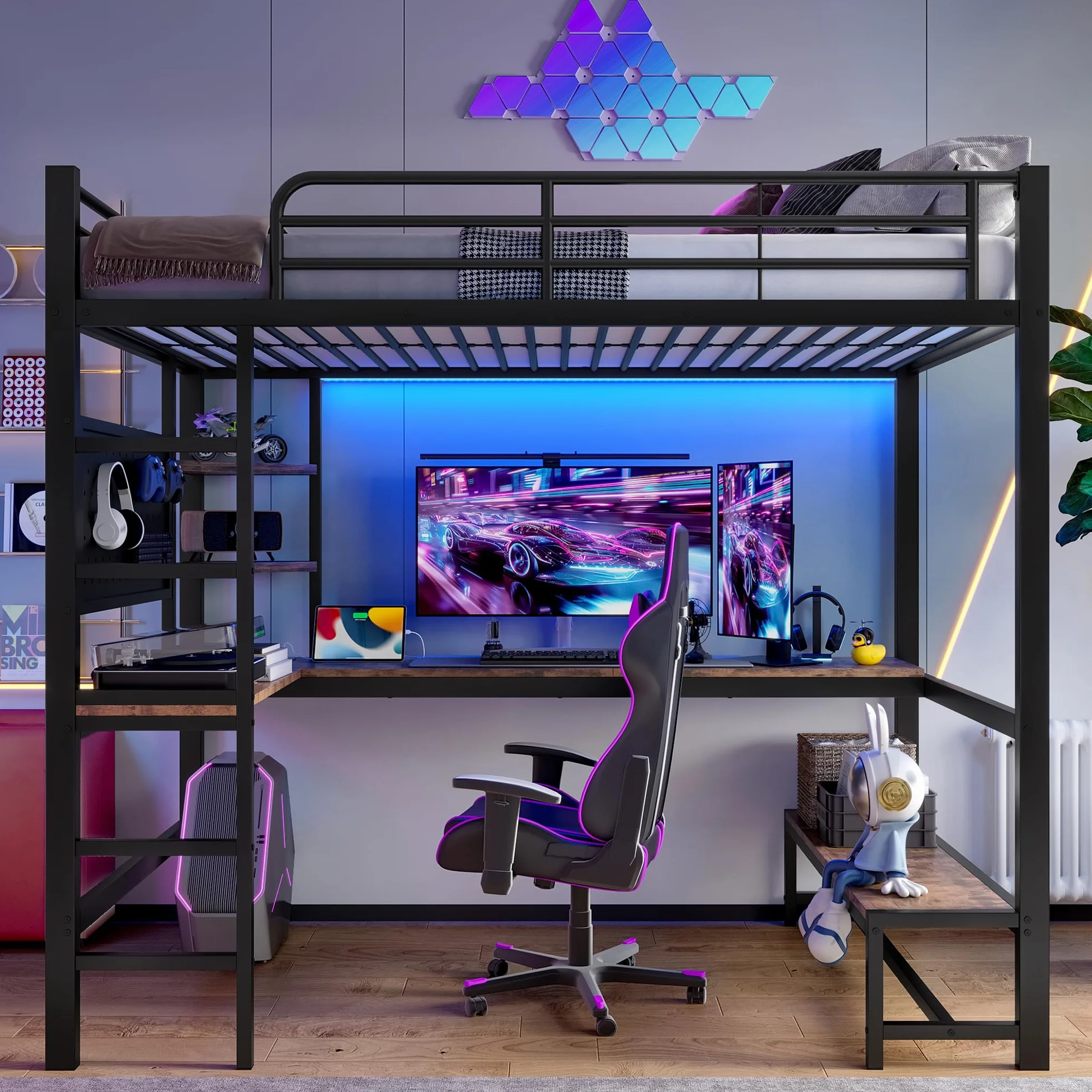 Lubvtti Cama alta 90x200, con escritorio, toma USB+TYPE-C, tira LED, estantes, panel perforado, cama apilable para niños, estructura de cama infantil de hierro (B-Negro)