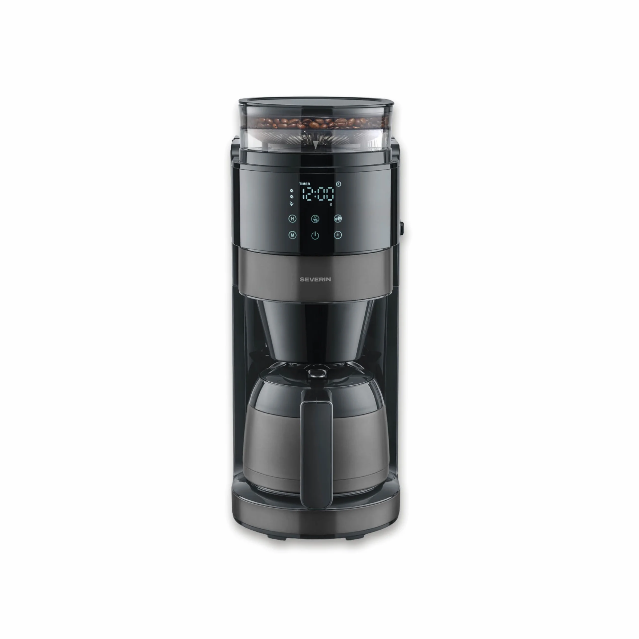 Severin de goteo con jarra térmica y molinillo, 1L de capacidad, hasta 8 tazas, sistema antigoteo, aroma intenso, apagado automática, pantalla LED, 900W, inox oscuro, negro, KA 4831