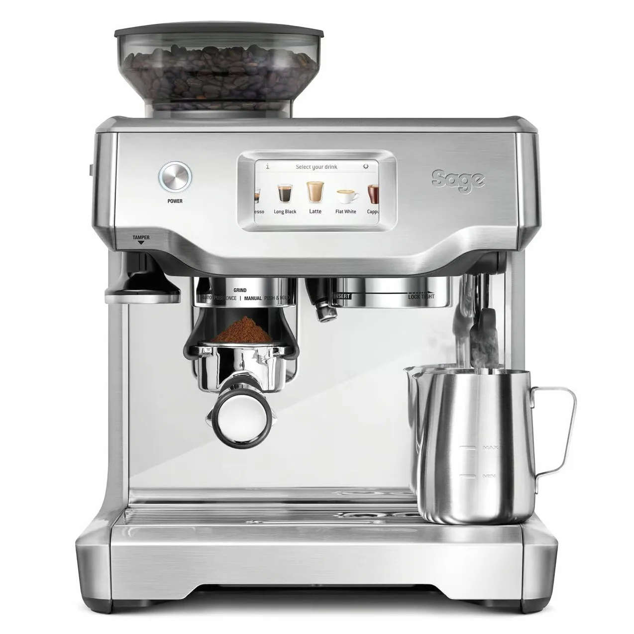 Sage - The Barista Touch -Cafetera Profesional con Pantalla Táctil, Molinillo Incorporado y Espumador de Leche -Prensador Extraíble, 5 Preajustes - Máquina de Café Espress - Acero Inoxidable Cepillado