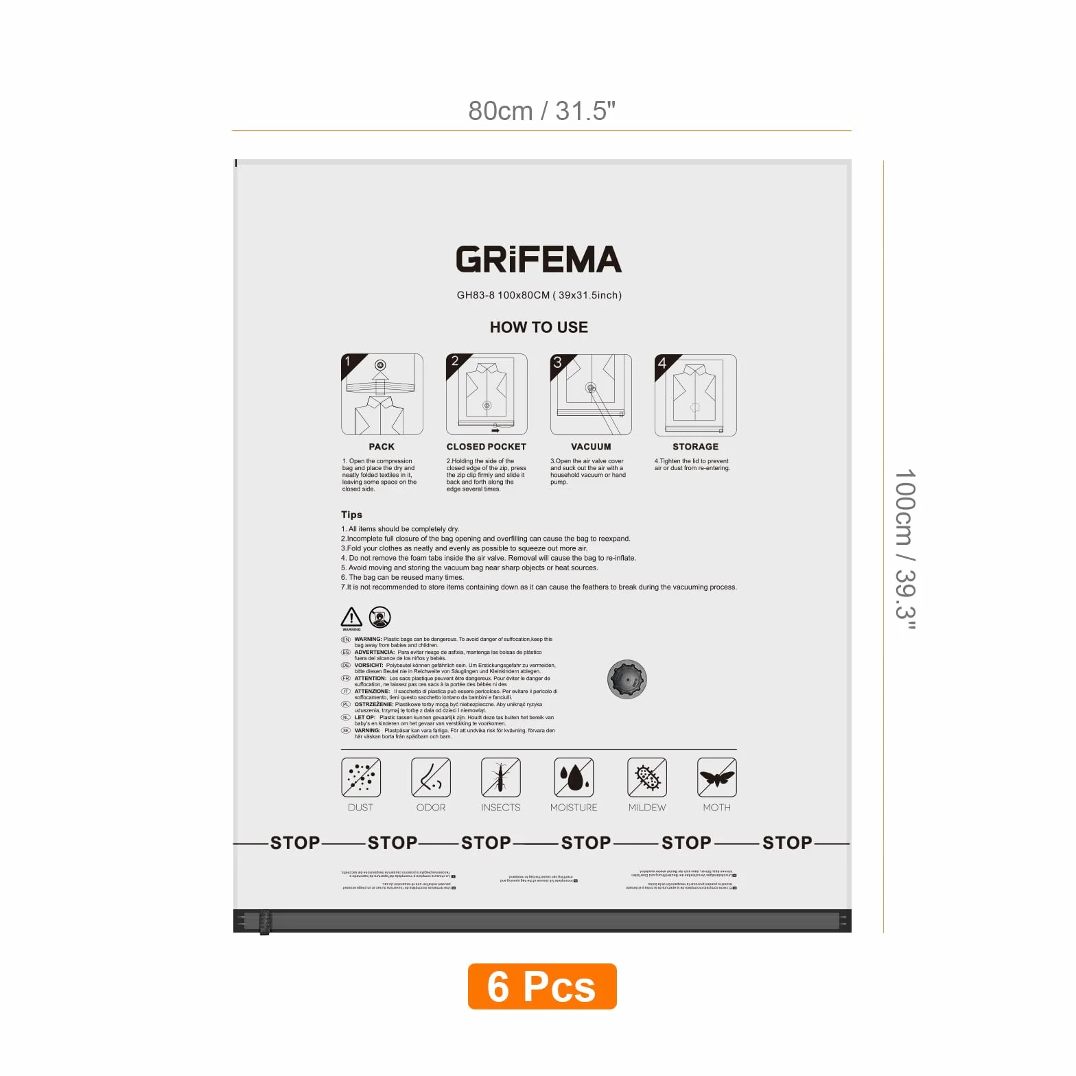 GRIFEMA GH83-8 Bolsas de Almacenamiento al Vacío 100x80 cm Reutilizable