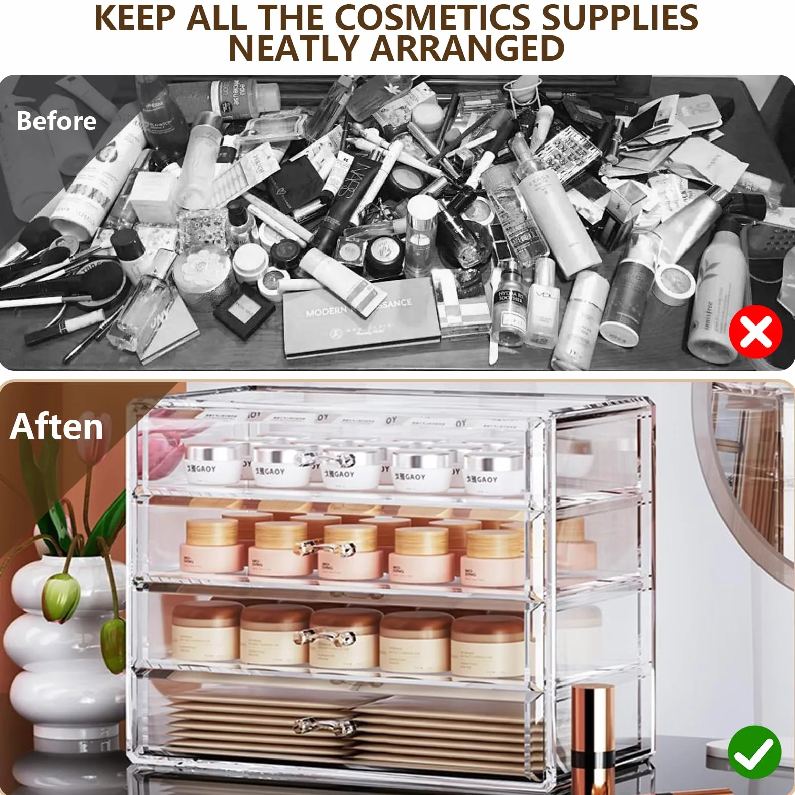 Organizador de Maquillaje Cosméticos Caja Grande 4 Cajones,Acrílico Transparente (4 Cajones)
