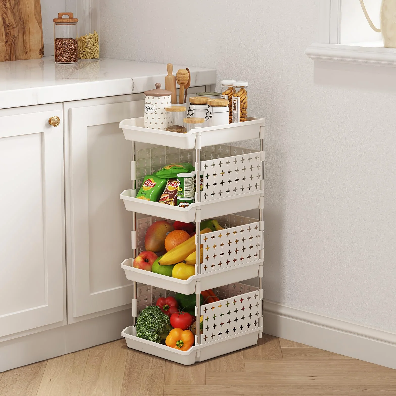 Lifewit Cestas Apilables de Almacenamiento, Carrito de Plástico de Niveles para Cajones para Armario y Fruteros de Cocina, Organizador de Almacenamiento, 100.1 cm, Blanco, 100.1 Niveles