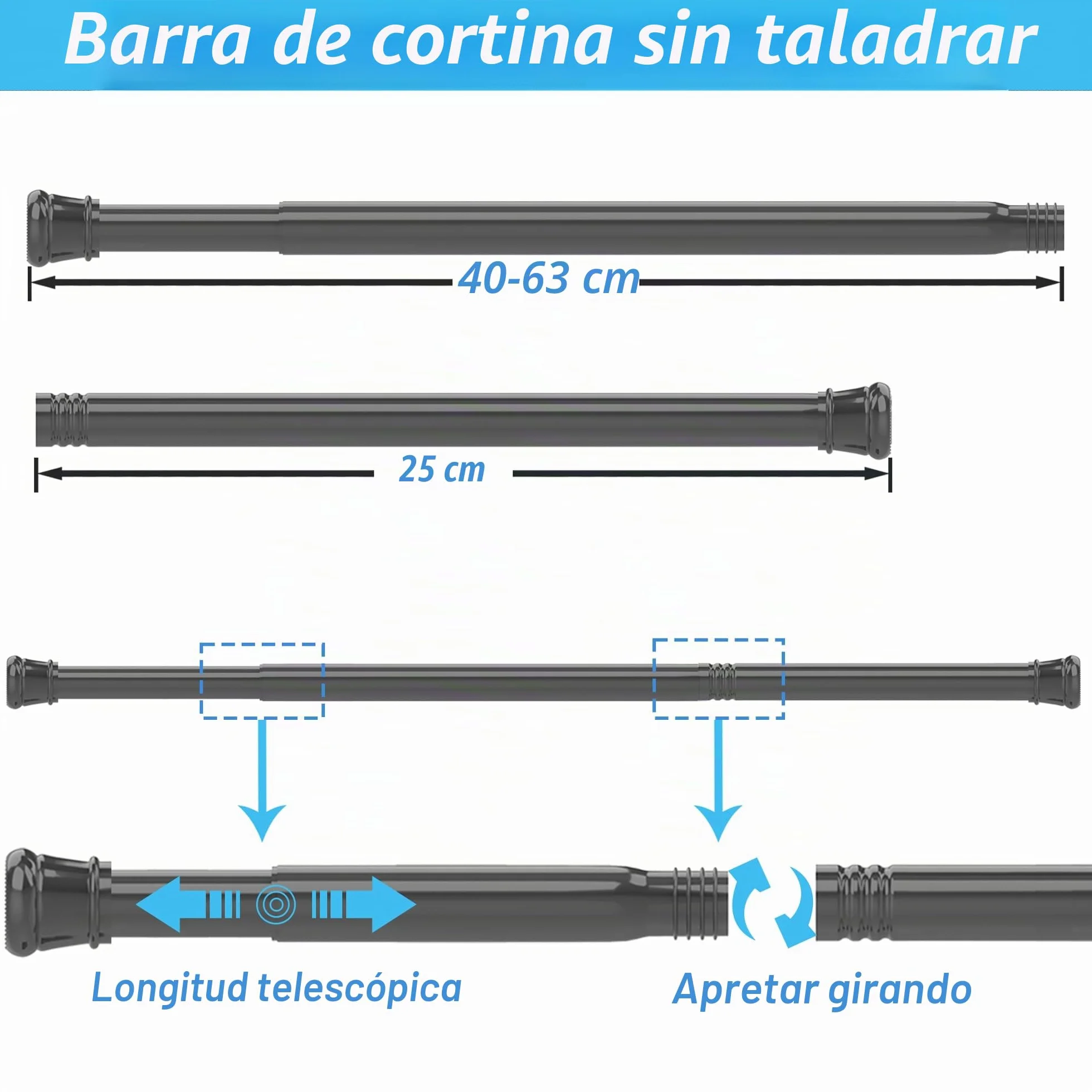 Barra de cortina extensible sin taladrar 66-90 cm blanco diámetro 25 mm para ventana baño