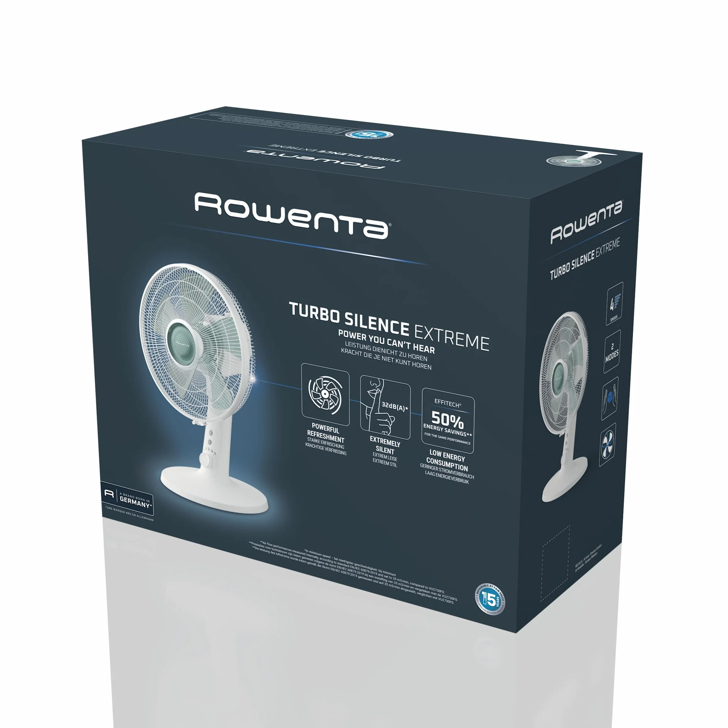 Rowenta Turbo Silence Extreme Ventilador de Mesa 32dB 4 Velocidades Modo Turbo Oscilación 120° 7.5m 43 m³/min Motor Effitech (Reacondicionado)