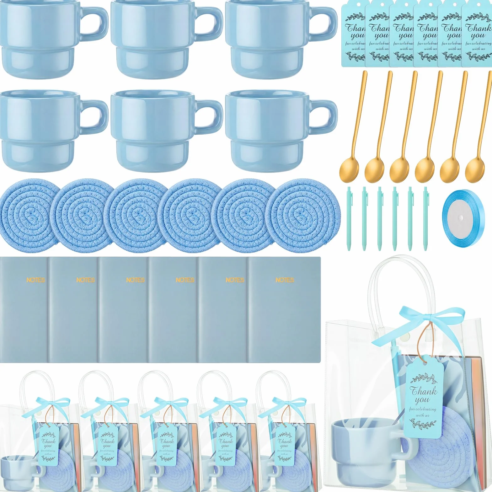 43 premios de juego para baby shower para ganadores del juego, regalos de baby shower, incluyendo tazas de cerámica con cucharas, posavasos tejidos y bolsas de regalo para cuaderno, tarjeta